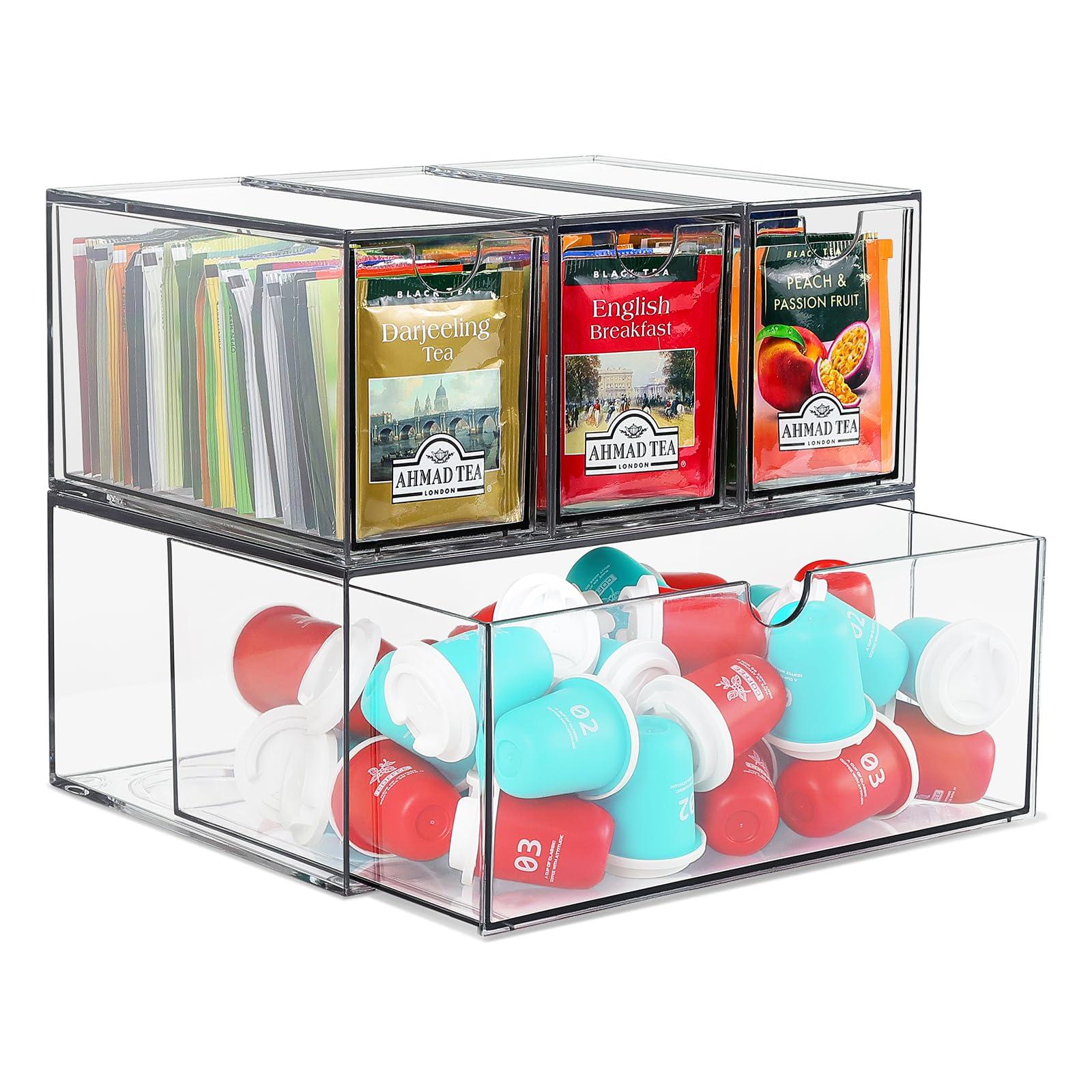 4 Tea and Coffee Organizer and Storage, Acrylic Tea Bag Holder Organizer, Plastic K Cup Drawer Container for Cabinet