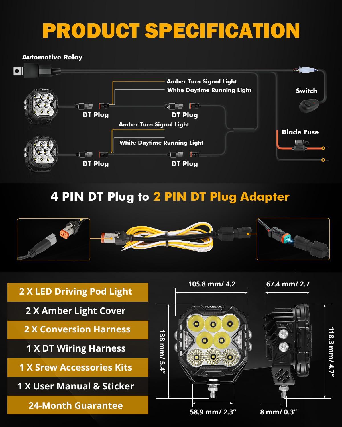 Auxbeam 4 Inch LED Driving Light, CUBE-Z Series 112W Cube Spot Flood Combo Beam with Amber Covers, 150° Ultra-Wide Offroad Pod Light 12800LM Hyper Bright with White DRL&Amber Turn Signal Light, Pair - Image 6