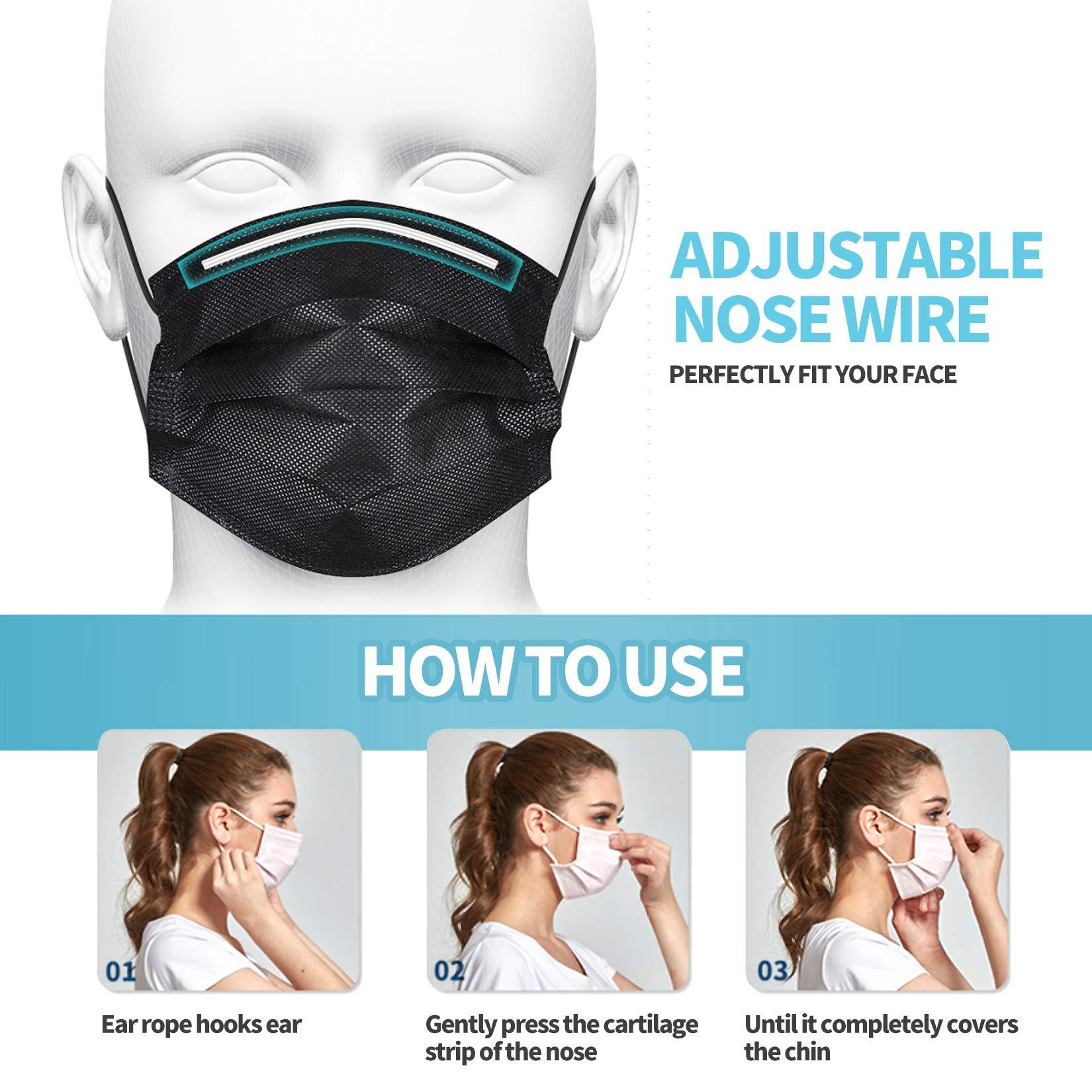YJIAKA Black Disposable Face Masks 4 Layers Protection 50Pcs, Breathable Dust Mask Mouth Covers for Adult - Image 5