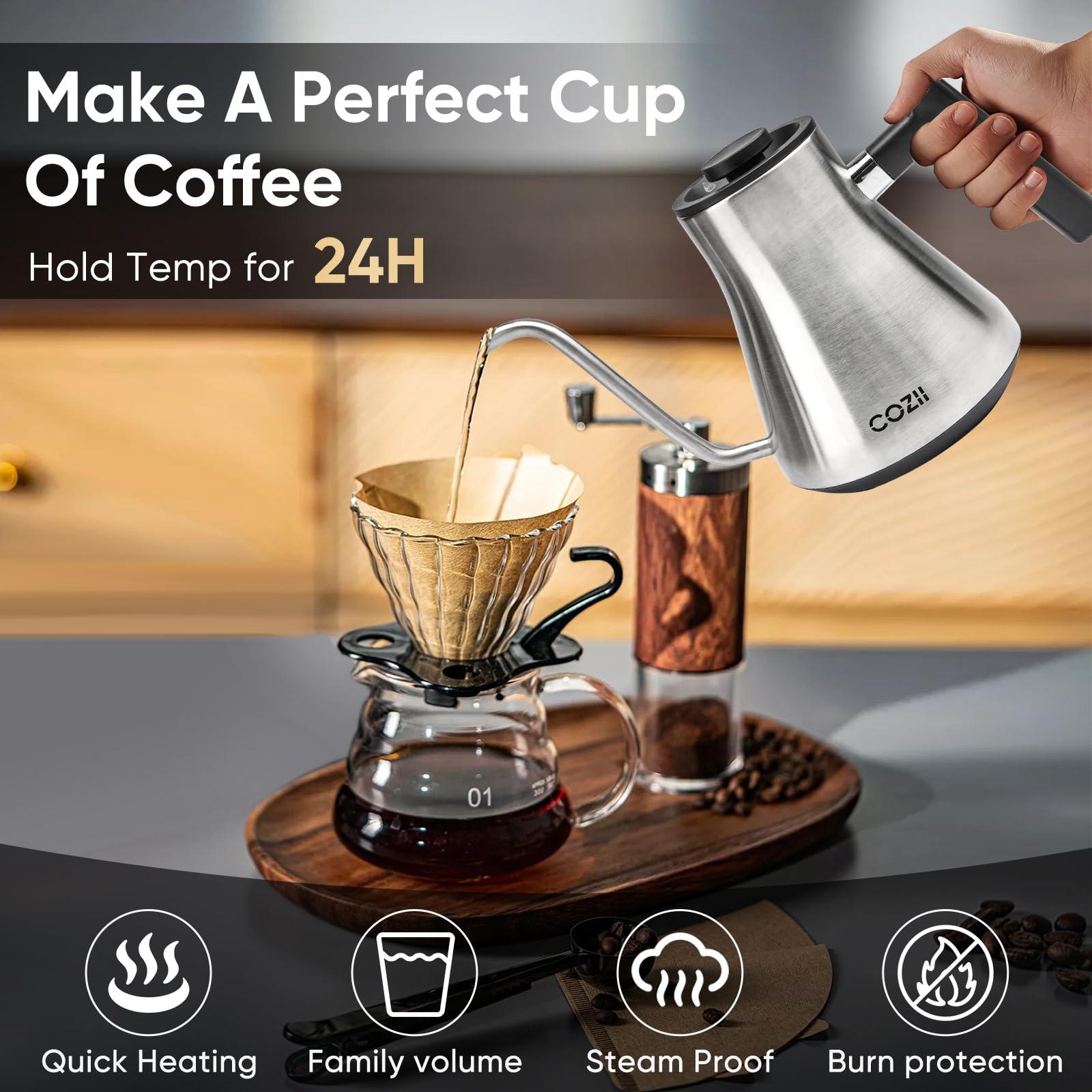 COZII Gooseneck Electric Kettle,5 Presets & ±1℉ Temperature Control 1200W Quick Heating Water Boiler for Coffee/Tea, 24H Keep Warm, Auto Shut Off Pour Over Kettle with 50pcs Coffee Filter,0.9L Silver - Image 5