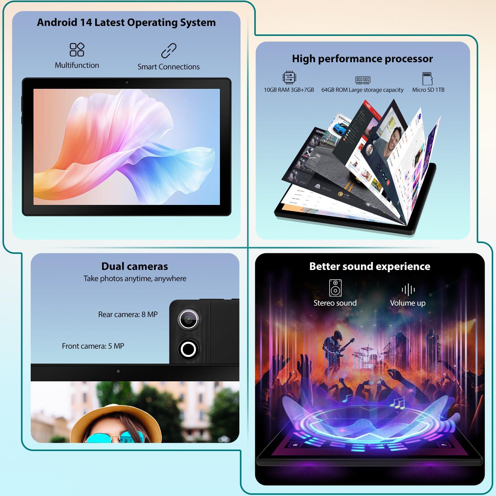 ROWT Tablet 10 inch Android 14, Octa-Core, 10GB RAM 64GB ROM 1TB Expandable, Widevine L1, 1280x800 IPS Touchscreen, BT 5.4, Dual Camera with Flash (Black) - Image 7