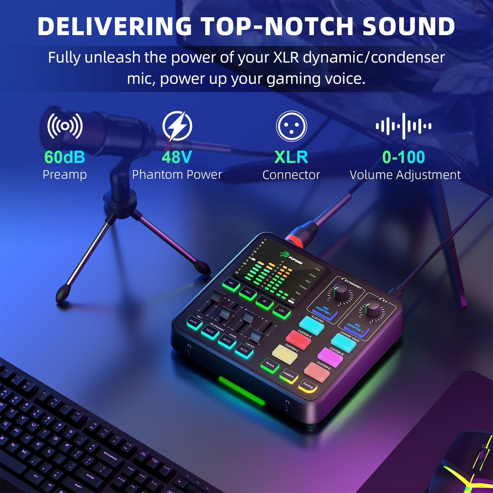 PUPGSIS Gaming Audio Mixer, Audio Interface for PC/Podcast/Streaming, Sound Board with 3.5mm/XLR Mic Input, 48V Phantom Power, Voice Changer, Live Sound Card with DJ Mixer Effects/Bluetooth/4 Channel - Image 2
