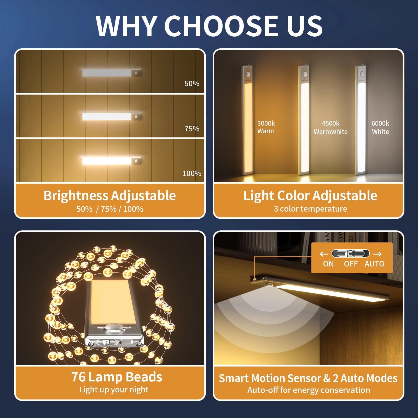 Under Cabinet Lights,76 LED Operated Motion Sensor Light Indoor,1500mAh USB Rechargeable Closet Lights, 2 Pack Magnetic Dimmable Closet Lights，Wireless Under Counter Lights for Kitchen, Stairs - Image 2