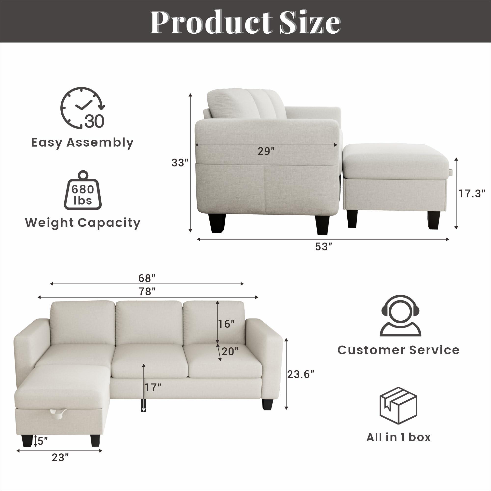 Clotius Sectional Sofa Couches for Living Room - L Shaped Cloud Couch-Small Modular 3 Seat-Comfy Linen with Storage Deep Seat Sofa,Washable Covers-Suitable for Living Room-Apartment-Office-Beige - Image 2