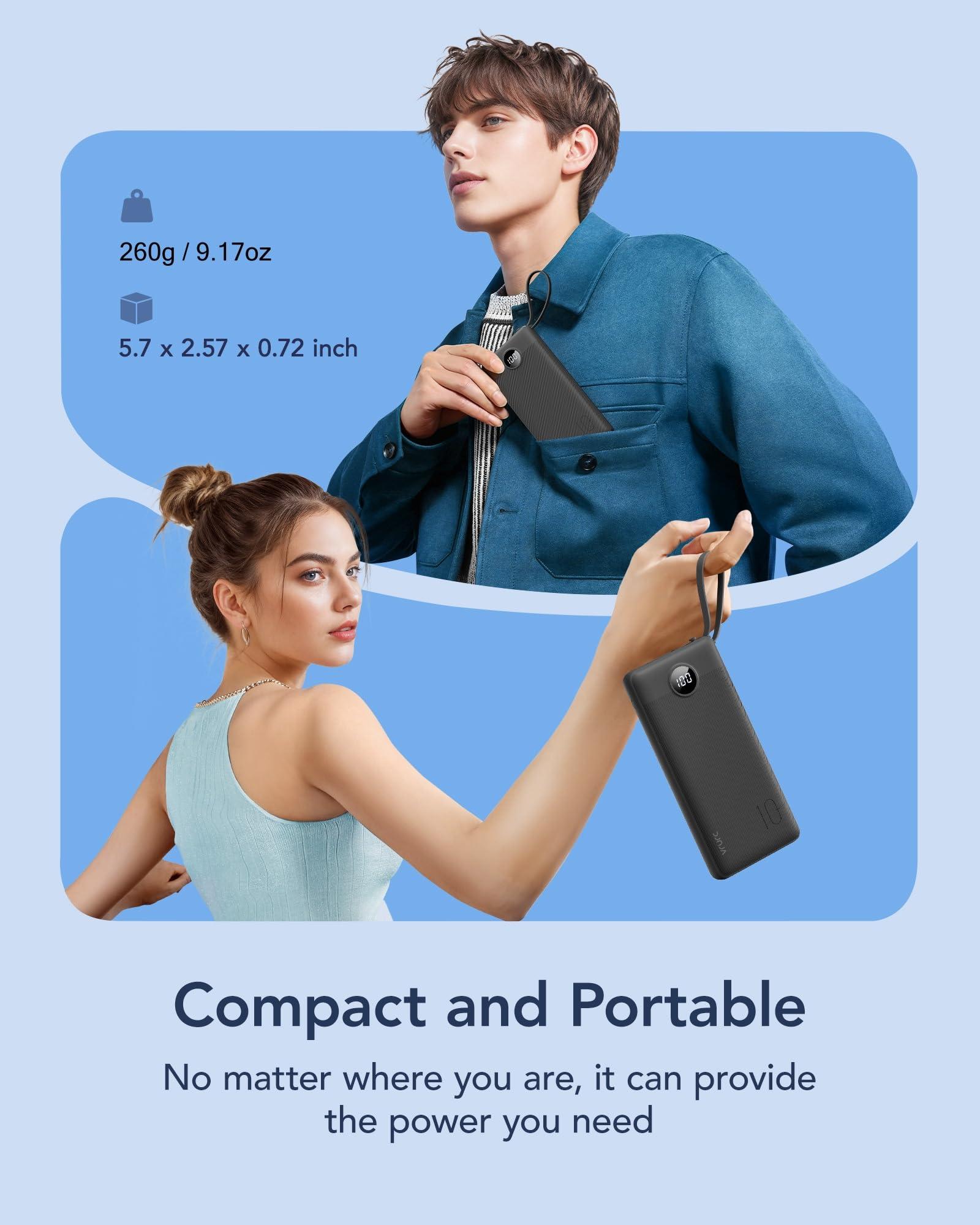 VRURC Portable Charger with Built in Cables, 10000mAh Travel Essentials Power Bank, 5 Output 2 Input LED Display External Battery Pack Compatible with iPhone,Samsung,Android-Black(1 Pack) - Image 5