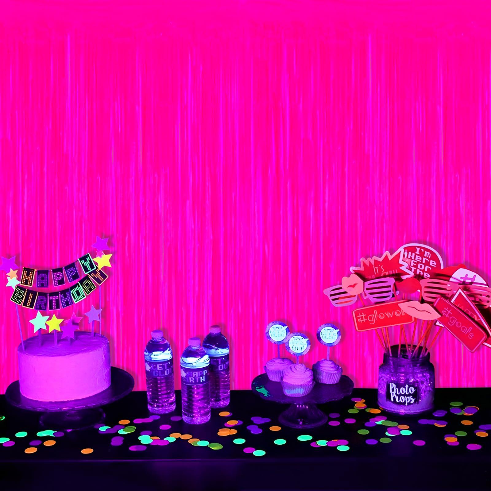 Mega-L Glow in The Dark Party Supplies, 2 Pack Neon Party Decorations 3.3 x 6.6 ft Fluorescent Macaron Fuchsia Tinsel Foil Fringe Curtains, Photo Booth Prop Backdrop Streamer, Birthday Party Decor - Image 5