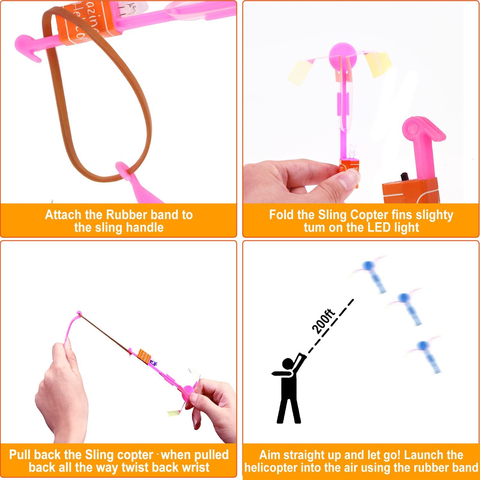 lpvoqpth 25 Sets LED Flying Set, 25 Slingshot+25 Glow Helicopter-50 Pcs, Flying Toy Outdoor Toys Glow in The Dark Party Supplies Party Favors for Kids 8-12,4-8 - Image 4