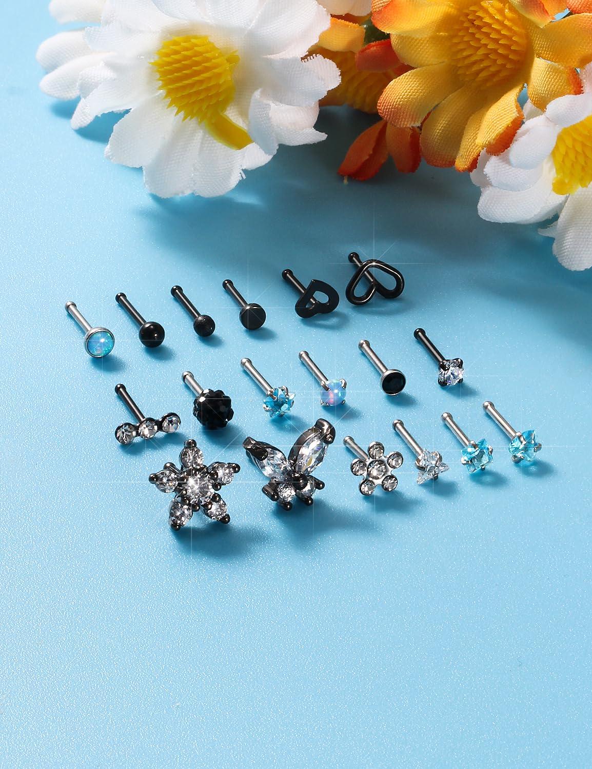 Gadeaila Surgical Steel Nose Ring 20G - Hypoallergenic Nose Studs With Cute Flat Opal Flower Diamond Heart - Straight L Shaped Purple, Pink, Black, Silver for Women Men Gift - Image 5