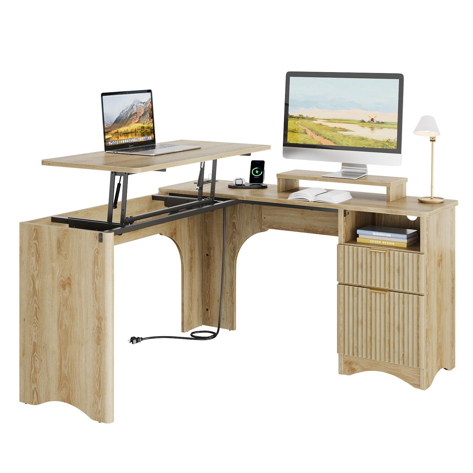 Bestier L Shaped Desk with Lift Desktop, 55 inch Corner Desk with Fluted Panel Deisgn Drawers, Modern Office Desk with File Drawer (Natual Oak, 55'' x 55'' Lift Top)