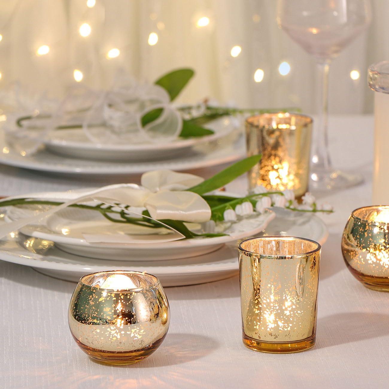 DEVI 48PCS Assorted Gold Votive Candle Holders Bulk, Mercury Glass Holders for Tea Lights, Christmas Party Wedding Diwali Centerpieces for Table, Party Supplies - Image 3