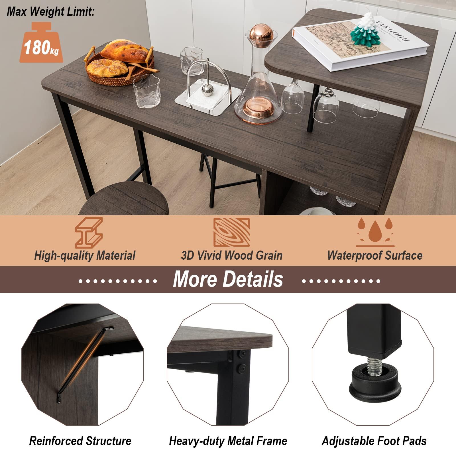 COSTWAY 3 Pieces Bar Table and Chair Set, Industrial Pub Table & Stools with Wine Glass Holders & 6-Bottle Wine Racks, Counter Height Dining Table Set for Living Room Dining Room Kitchen, Brown - Image 7