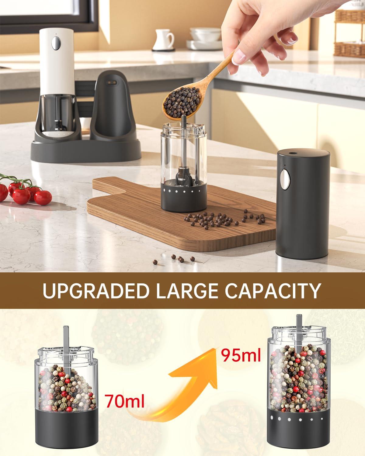 CIRCLE JOY Electric Salt and Pepper Grinder Set Automatic Salt and Pepper Grinder Set with Charging Base and White LED Light, Adjustable Coarseness, USB Rechargeable, Washable Container, White & Black - Image 6