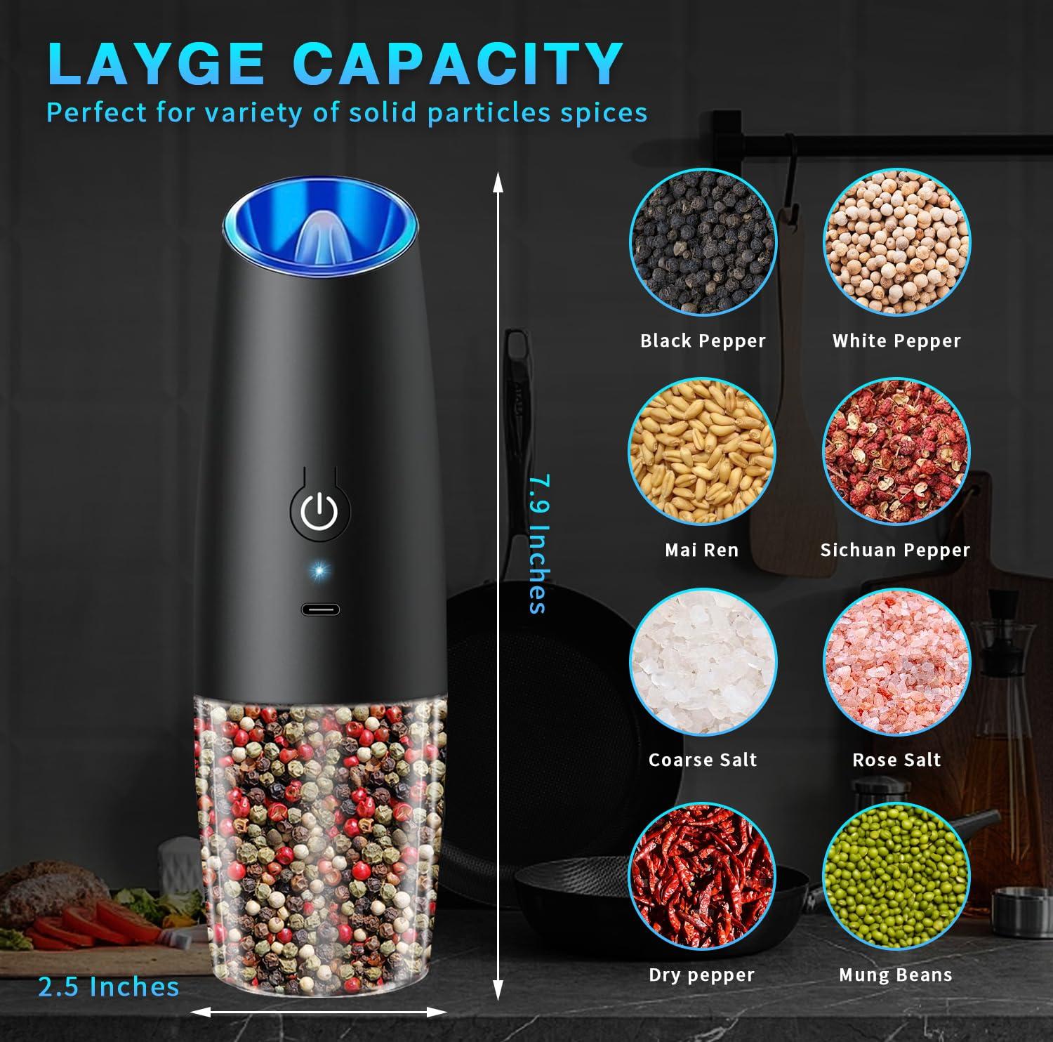 Haomacro Electric Salt and Pepper Grinder Set, Rechargeable Salt and Pepper Shaker with Adjustable Coarseness And LED Light, Automatic Pepper Mills for Kitchen (Black - 2 PCS) - Image 3
