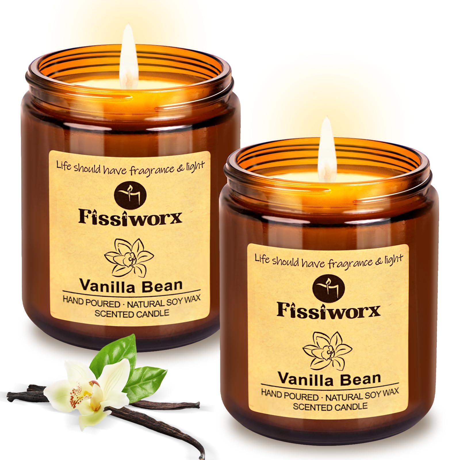 Fissiworx Vanilla Scented Candle Set 2 Pack, Candle for Home Scented, Odor Eliminating, Stress Relief, 15oz, 110 Hours Long Lasting Soy Wax Gift Set for Women