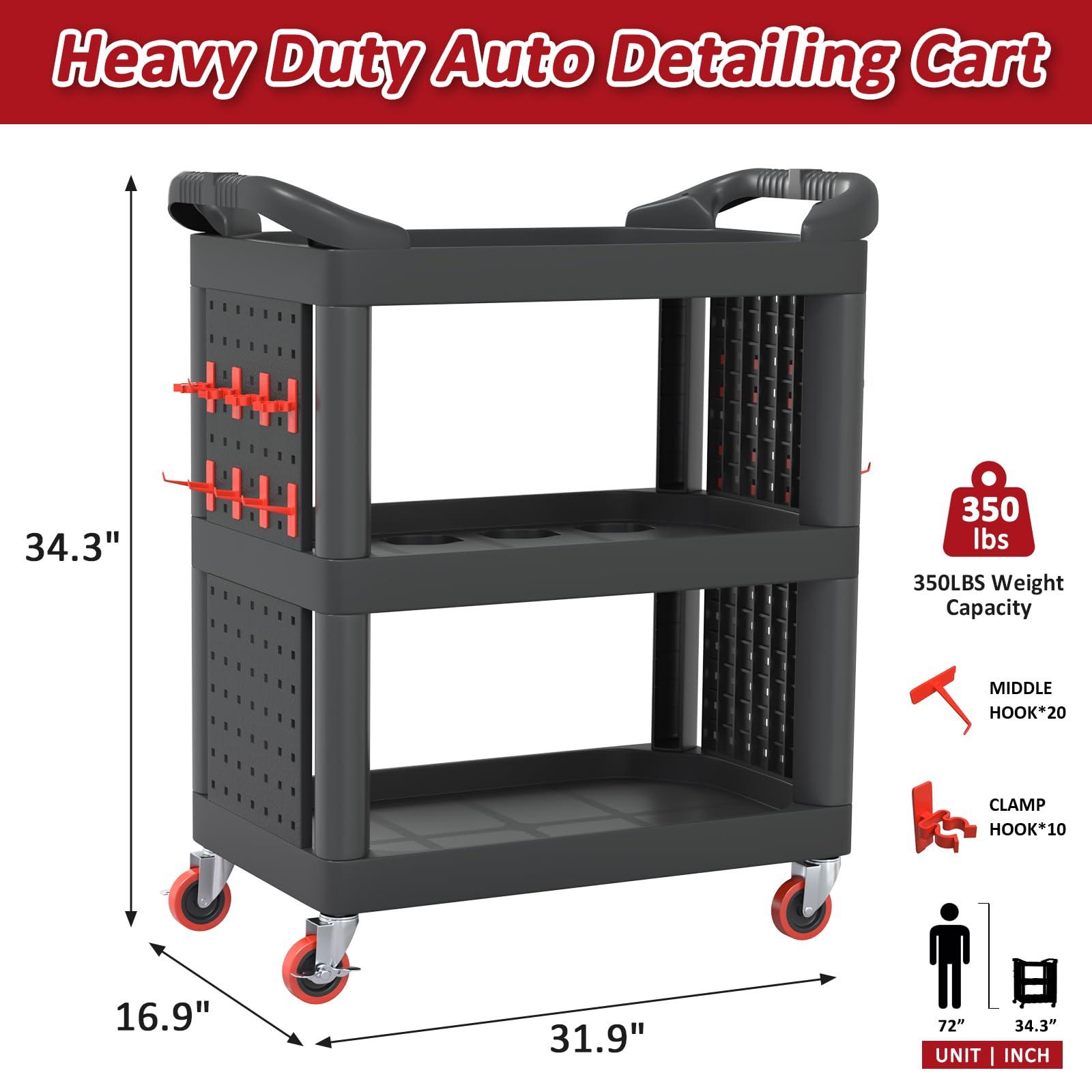 Pelnuies 3 Tier Auto Detailing Cart, 350 LBS Capacity Detail Cart with Grooves, 2 Hanging Plate and Hooks, Cleaning Carts on Wheels for Detailers Garage, Workshop, Repair Shop, Black - Image 3