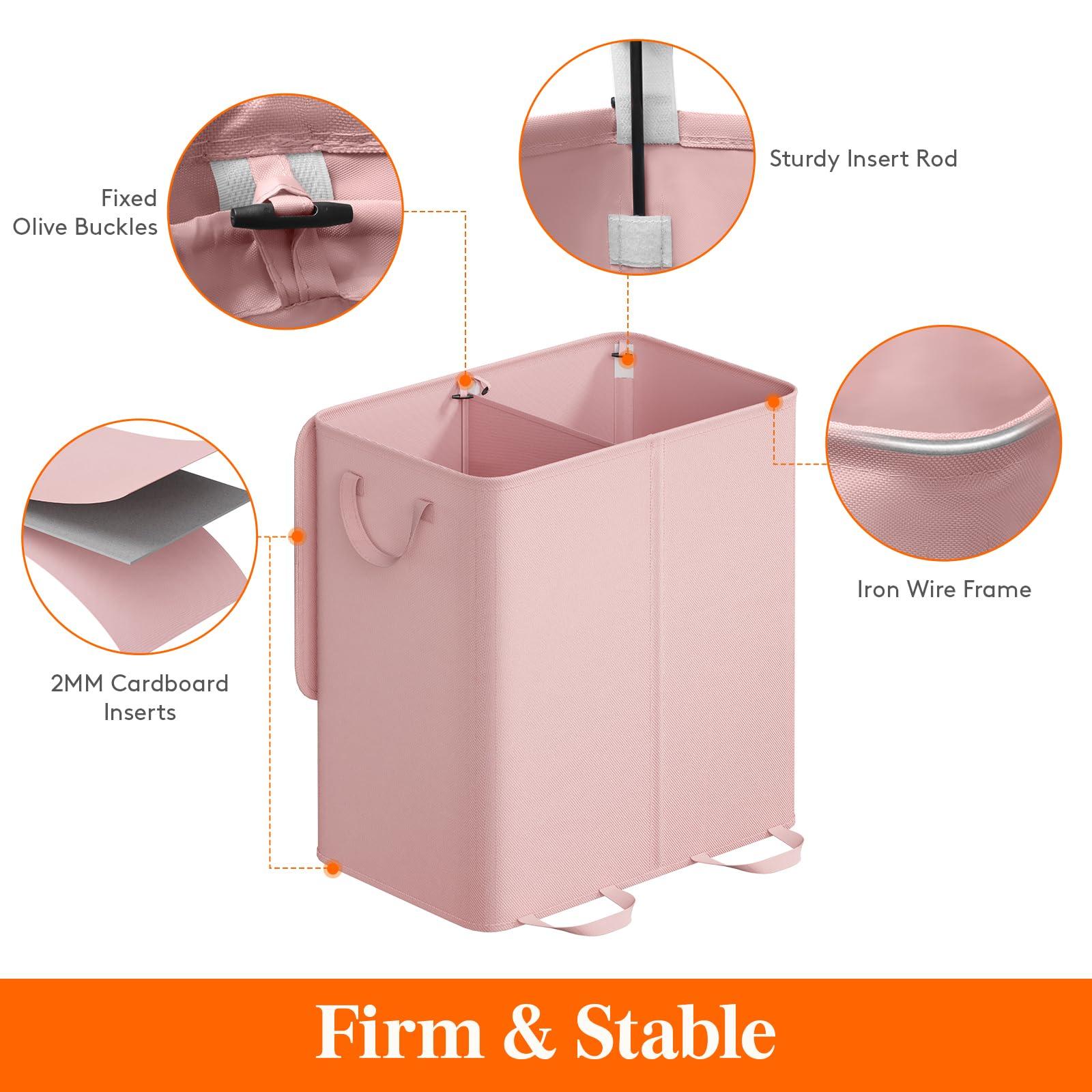 Lifewit Double Laundry Hamper with Lid and Removable Laundry Bags, Large Collapsible 2 Dividers Dirty Clothes Basket with Handles for Bedroom, Laundry Room, Closet, Bathroom, College, 136L Pink - Image 3