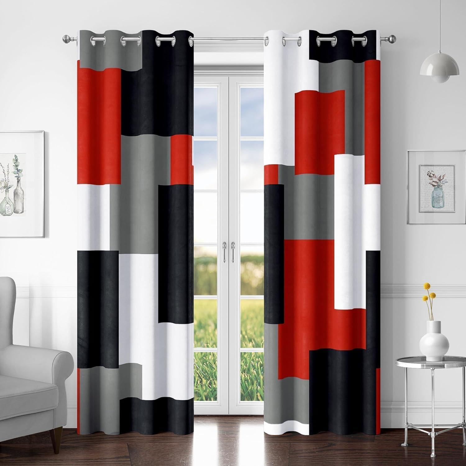 Tyrot Red Black 100% Blackout Curtains for Bedroom 84 inch Length 2 Panels Set Modern Abstract Geometric Black Out Living Room Curtains Grommet Thermal Insulated Room Darkening Window Drapes, 52Wx84L