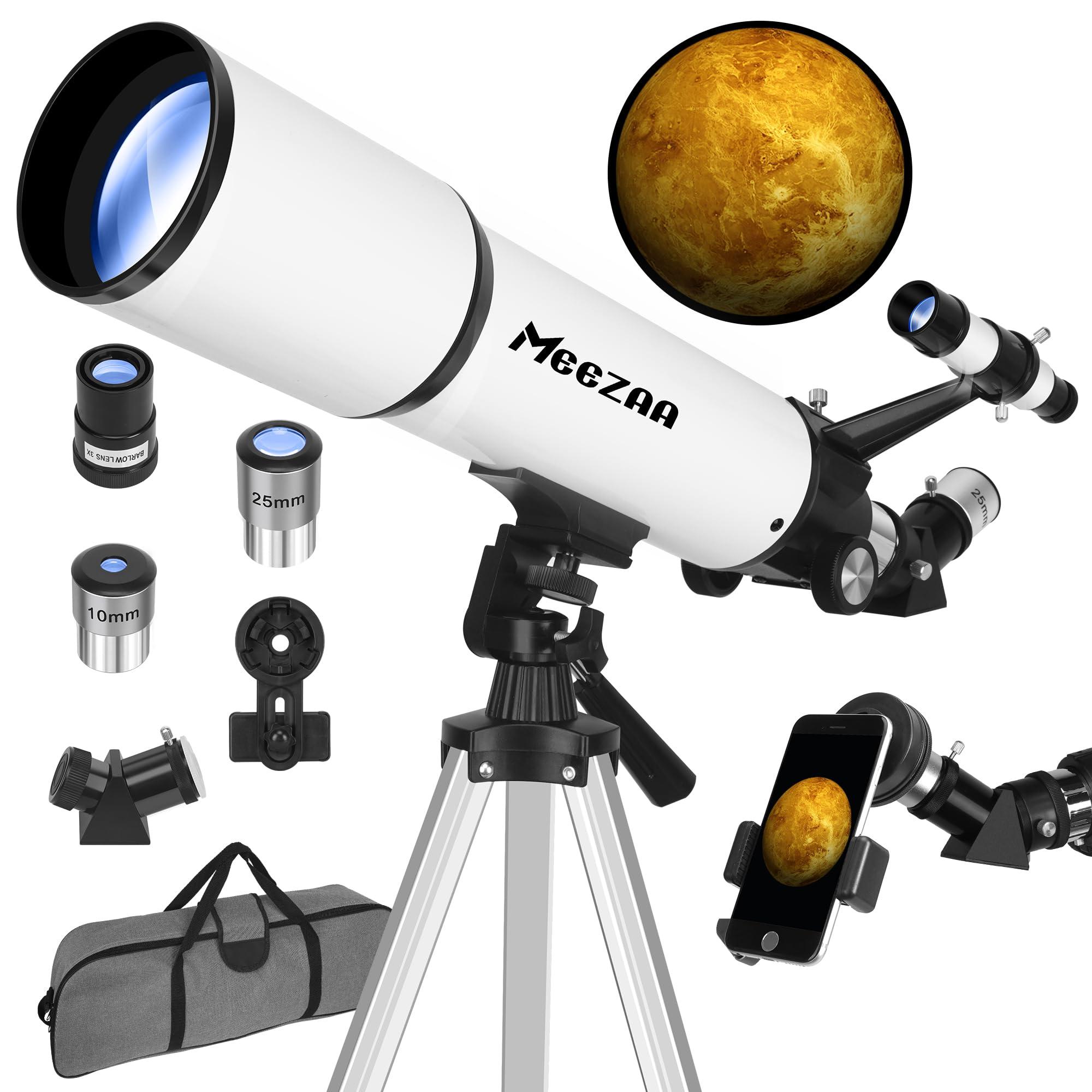 MEEZAA Telescope, Telescope for Adults High Powered, 80mm Aperture 600mm Portable Refractor Telescopes for Astronomy Beginners Fully Multi-Coated Optic High Transmission with Phone Adapter & Carry Bag