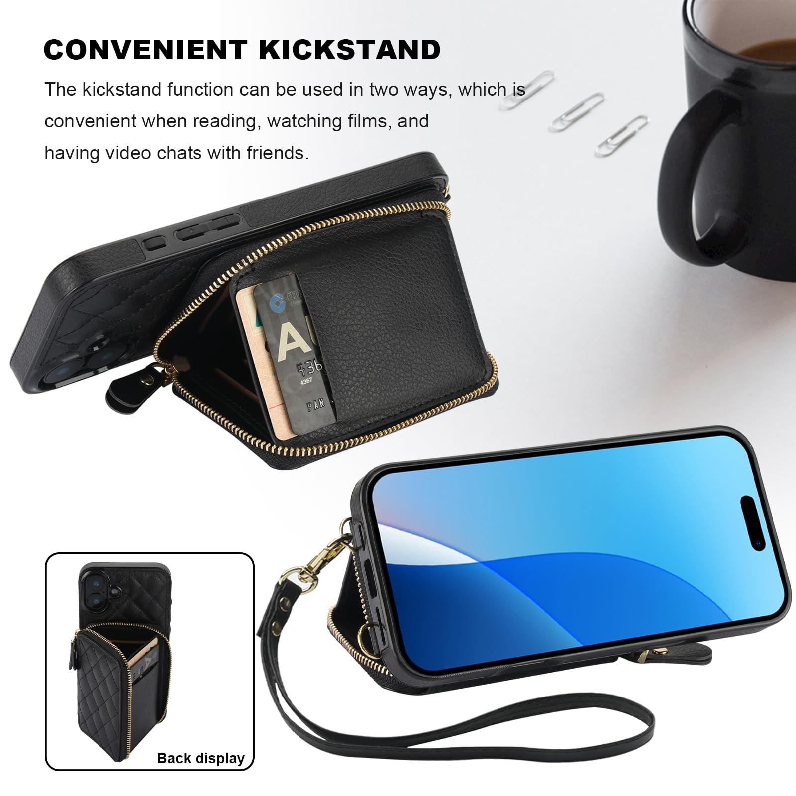 Bocasal Crossbody Wallet Case for iPhone 16 Plus, RFID Blocking PU Leather Zipper Handbag Purse Flip Cover, Kickstand Folio Case with Card Slots Holder Wrist Strap Lanyard 5G 6.7 Inch (Black) - Image 6