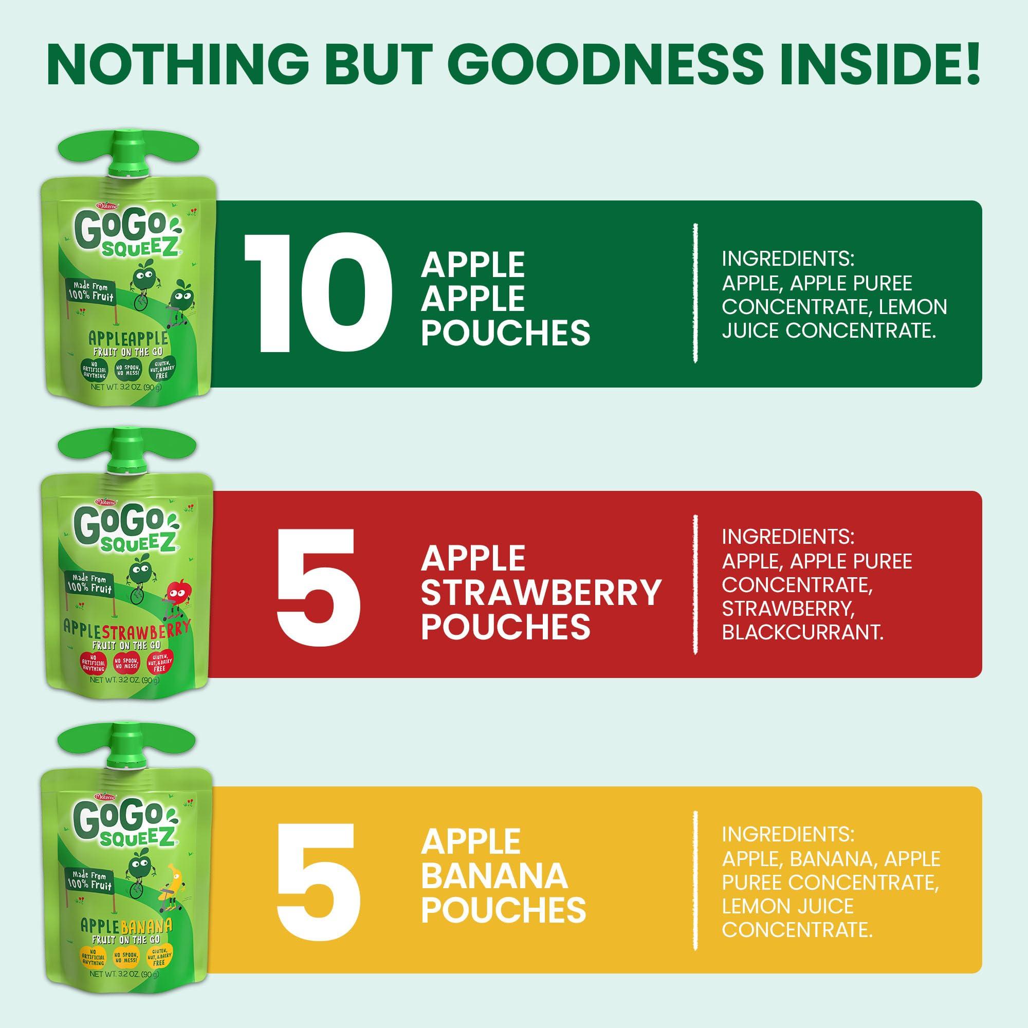 GoGo squeeZ Applesauce and Fruit Puree Variety Pack, Apple, Banana & Strawberry, 3.2 oz (Pack of 20), Unsweetened Fruit Snacks for Kids, Gluten Free, Nut Free and Dairy Free, BPA Free Pouches - Image 5
