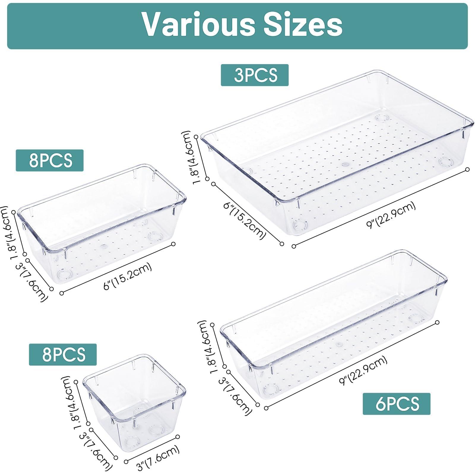 WOWBOX 25 PCS Clear Plastic Drawer Organizer Set, 4 Sizes Desk Drawer Divider Organizers and Storage Bins for Makeup, Jewelry, Gadgets for Kitchen, Bedroom, Bathroom, Office - Image 3