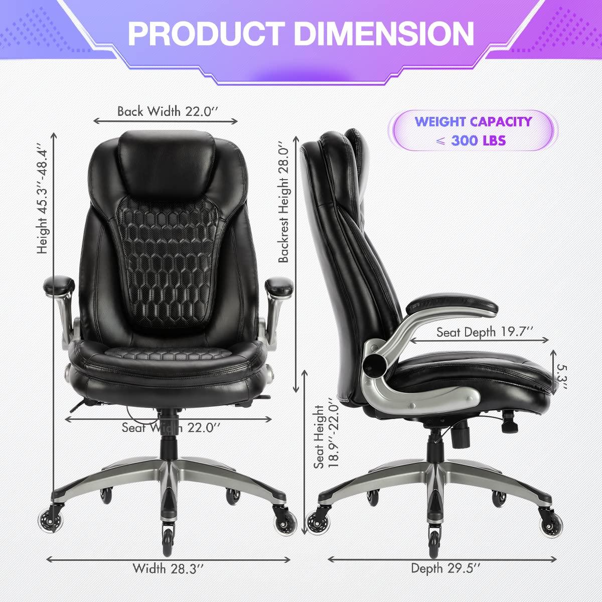 Office Chair Ergonomic Desk Chair-Executive Office Chair with Upgraded Caters, High Back Computer Chair Flip-up Arms, Strong Metal Base, Swivel Rolling Leather Chair for Adult Work/Study-Black, 300lbs - Image 3