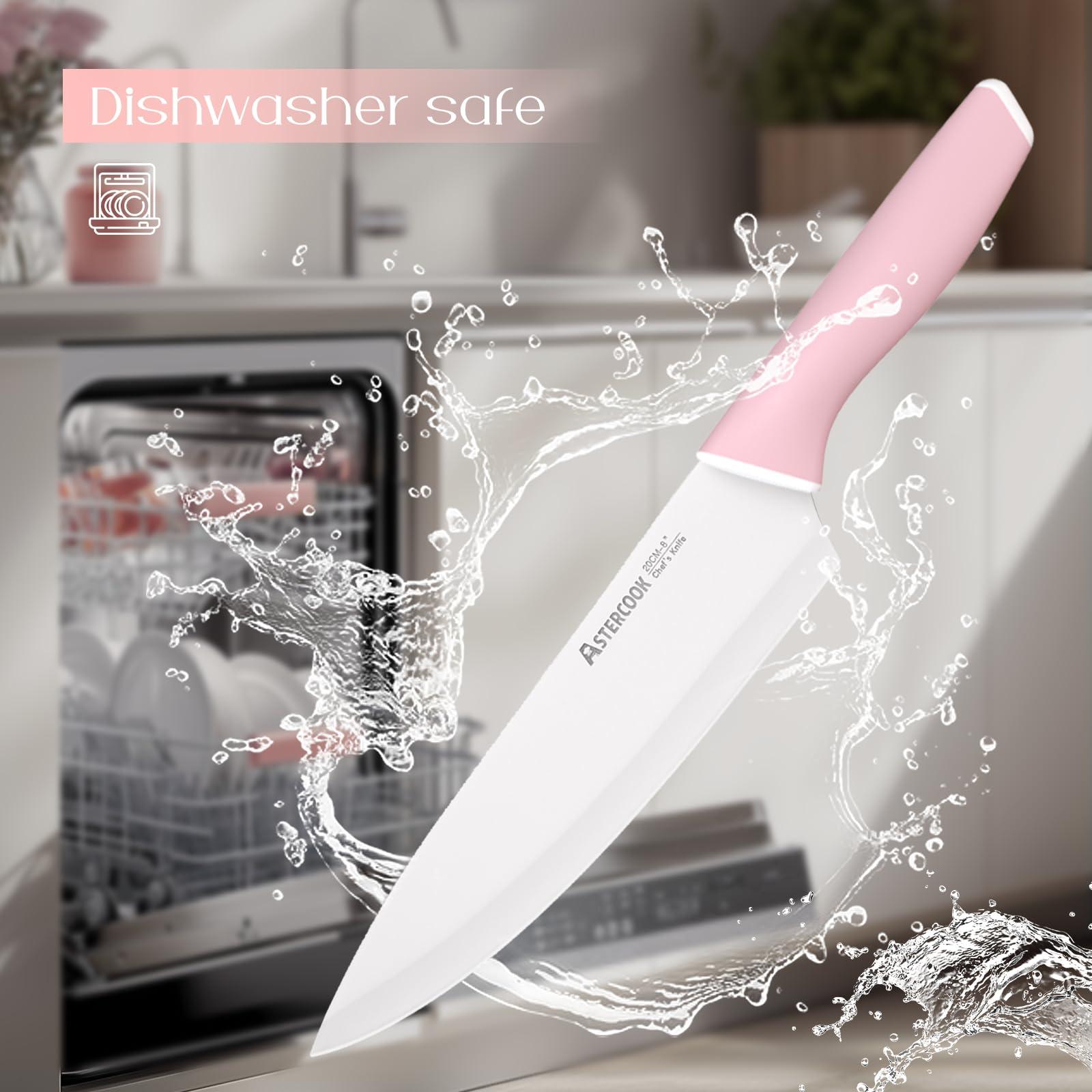 Astercook Knife Set, Kitchen Knives Set with Block and Sharpener Ceramic Coating 15 Pcs German Stainless Steel Knives Sharp Blade Dishwasher Safe Knife Block Set with Ergonomic Handle, Crystal Pink - Image 9