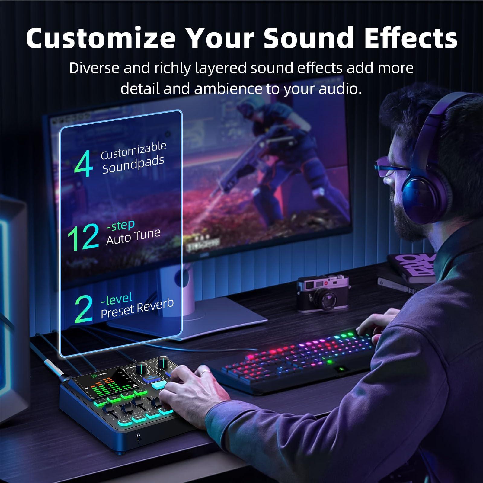 PUPGSIS Gaming Audio Mixer, Audio Interface for PC/Podcast/Streaming, Sound Board with 3.5mm/XLR Mic Input, 48V Phantom Power, Voice Changer, Live Sound Card with DJ Mixer Effects/Bluetooth/4 Channel - Image 4