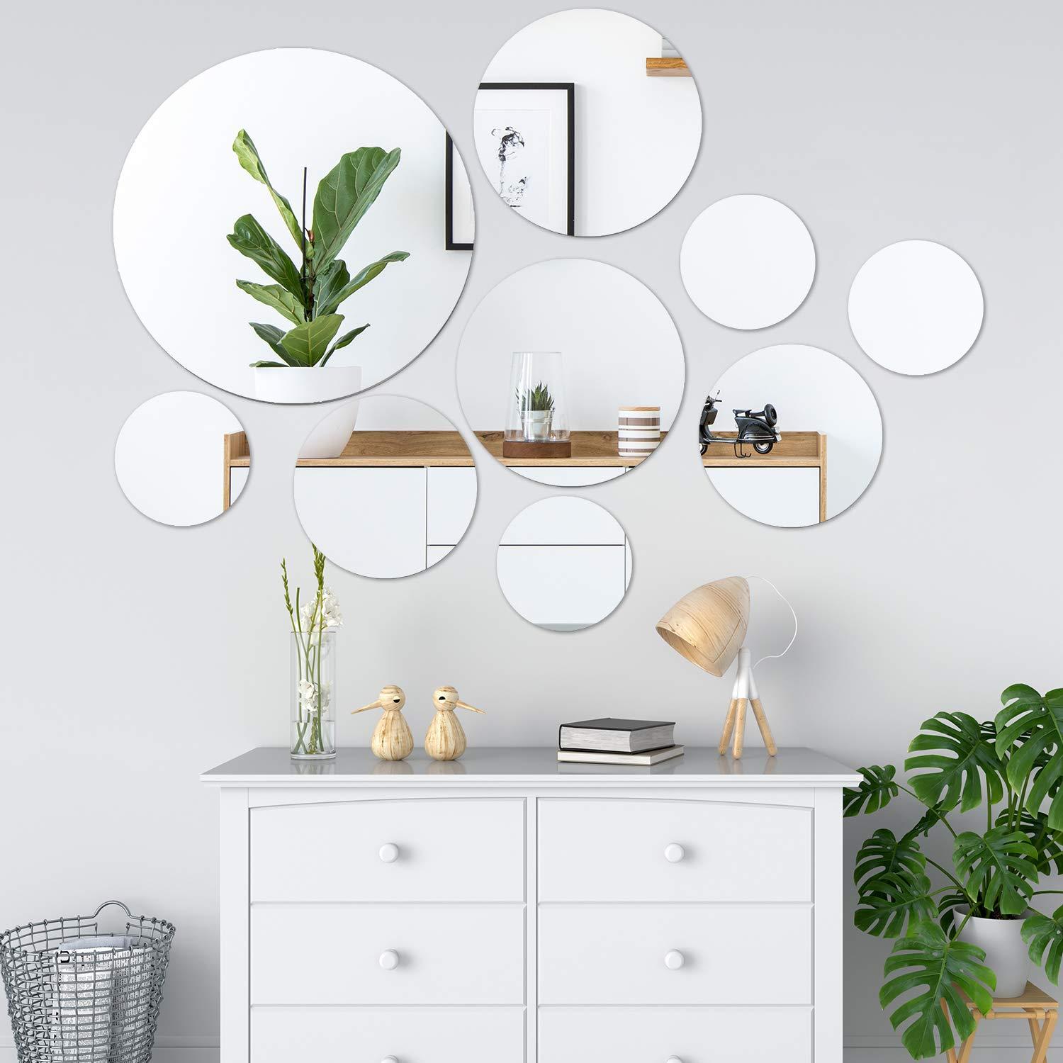 Aneco 9 Pack Thickened Round Mirror Wall Decoration Stickers Sticky Decorative Mirror Self-Adhesive Non-Glass Mirror Tiles, 10, 8, 6, 4 Inches