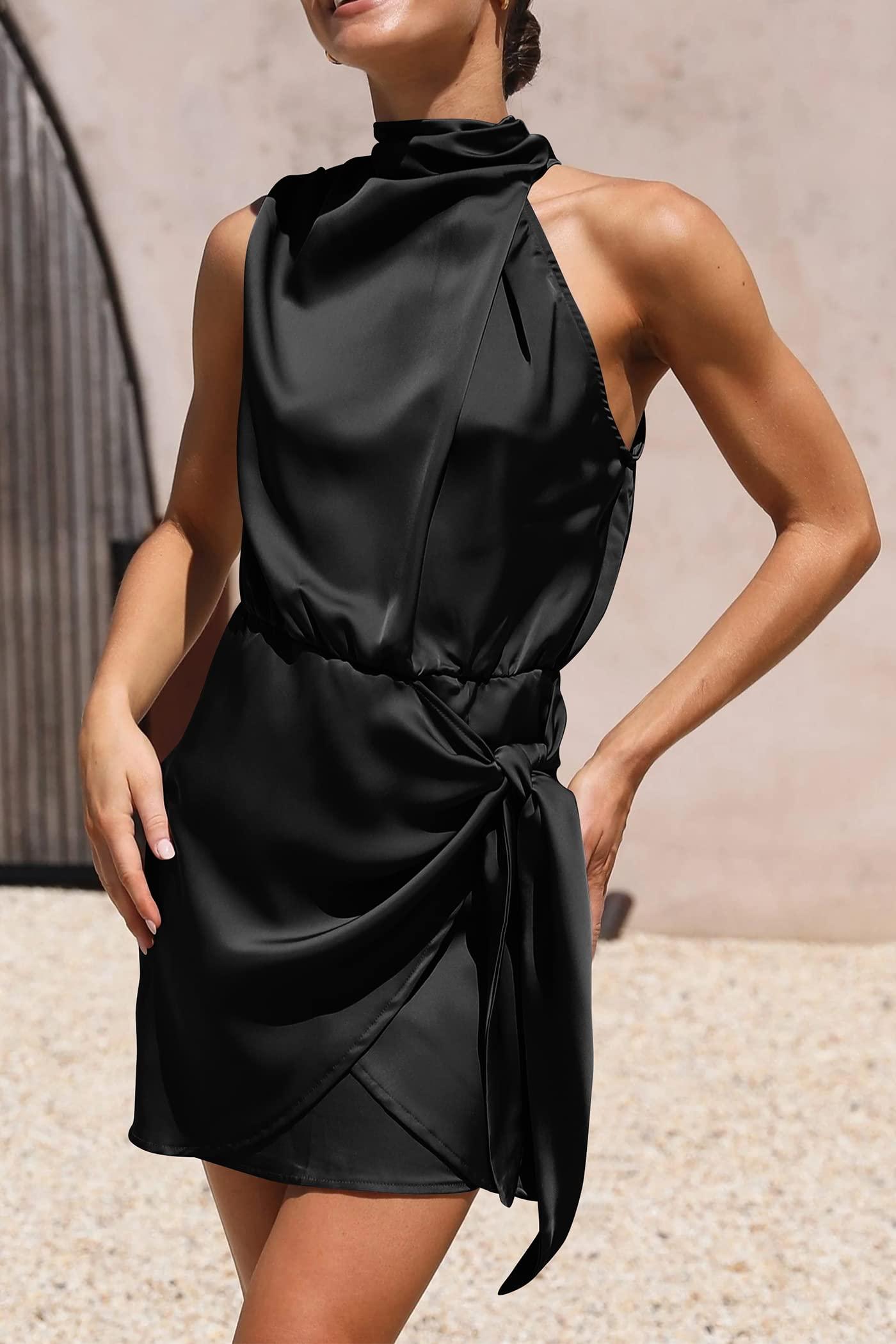 PRETTYGARDEN Women's Short Formal Satin Dress Summer Sleeveless Mock Neck Tie Waist Cocktail Party Dresses - Image 4