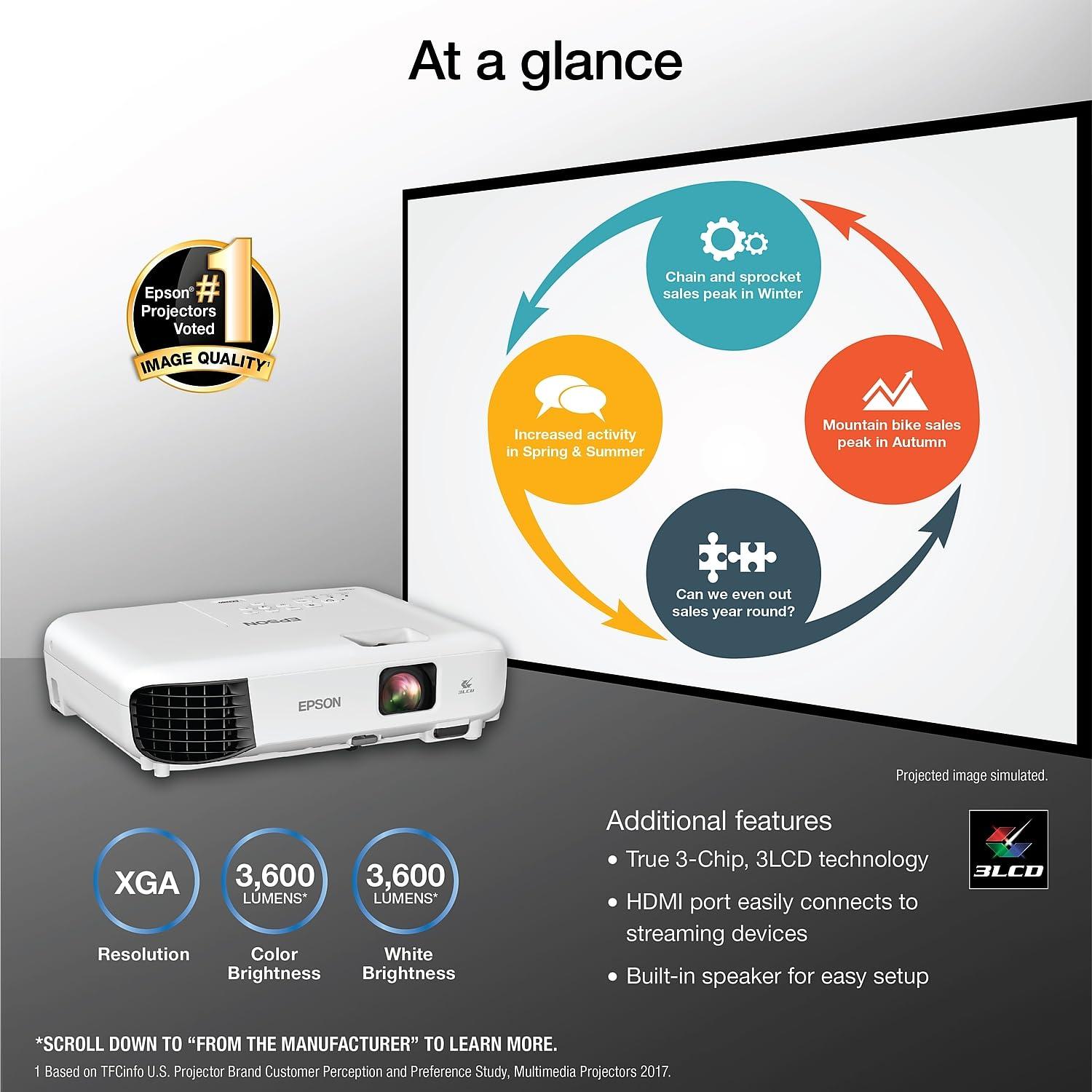 Epson EX3280 3-Chip 3LCD XGA Projector, 3,600 Lumens Color Brightness, 3,600 Lumens White Brightness, HDMI, Built-in Speaker, 15,000:1 Contrast Ratio - Image 2