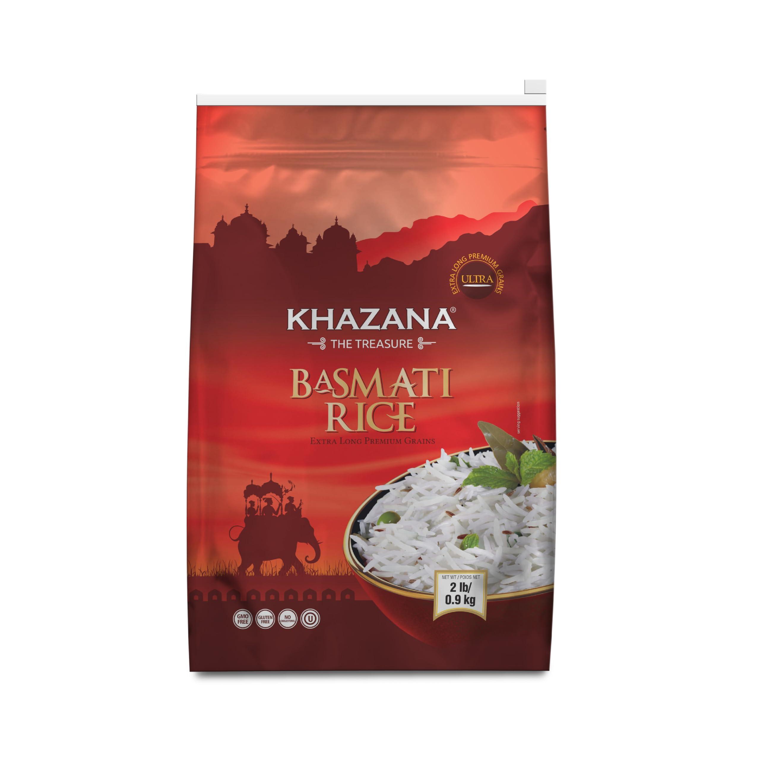 Khazana Authentic Extra Long Basmati Rice - 2lb Resealable Zipper Bag | Non-GMO, Gluten-Free, Kosher & Cholesterol-Free | Aromatic & Flavorful Grain From India