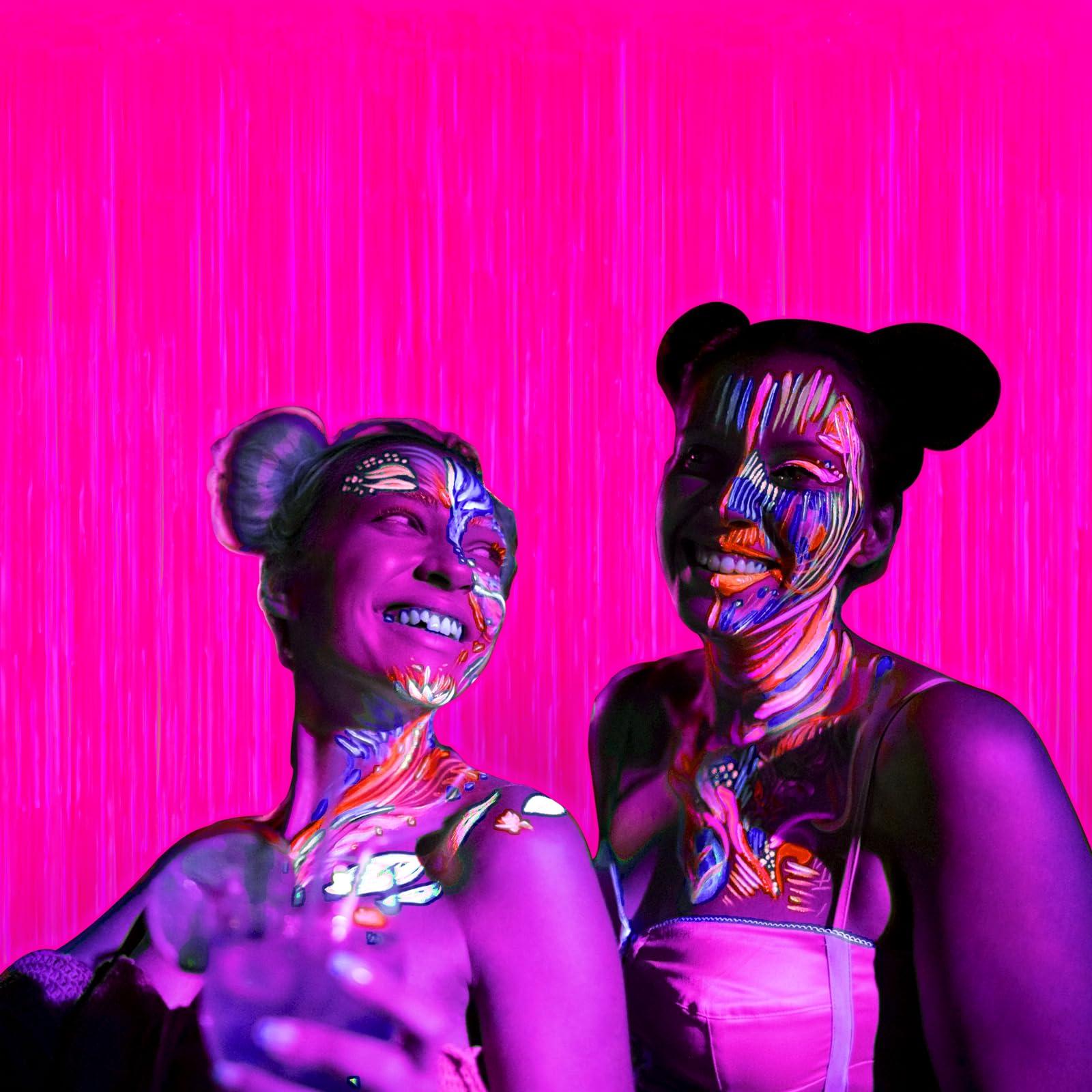 Mega-L Glow in The Dark Party Supplies, 2 Pack Neon Party Decorations 3.3 x 6.6 ft Fluorescent Macaron Fuchsia Tinsel Foil Fringe Curtains, Photo Booth Prop Backdrop Streamer, Birthday Party Decor - Image 7