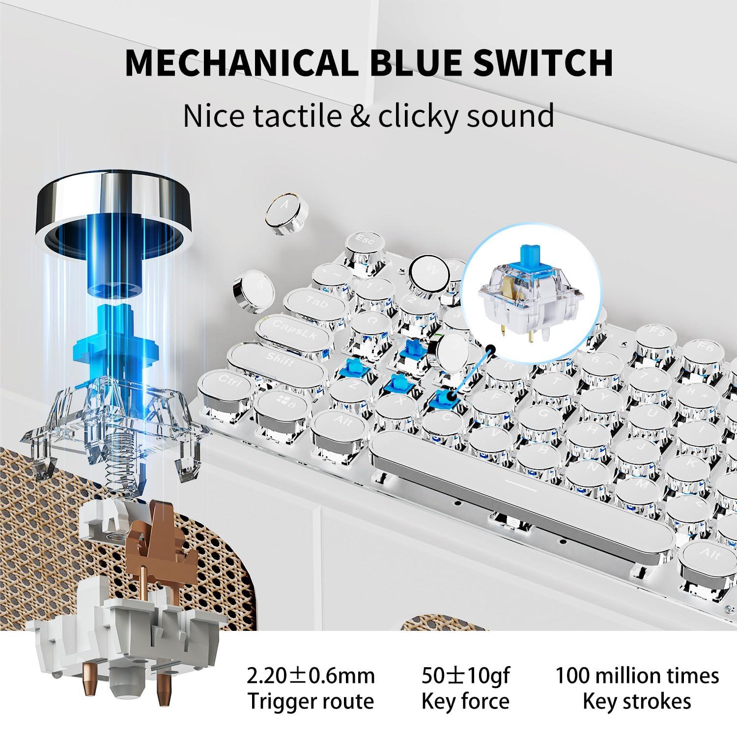 EWEADN TK950 Typewriter Keyboard Wireless Mechanical Keyboards, 104 Keys Aesthetic Typewriter Keyboard with White Backlit, Anti-Ghosting, Blue Switch Bluetooth/2.4GHz/Wired Cute keyboards-White - Image 6