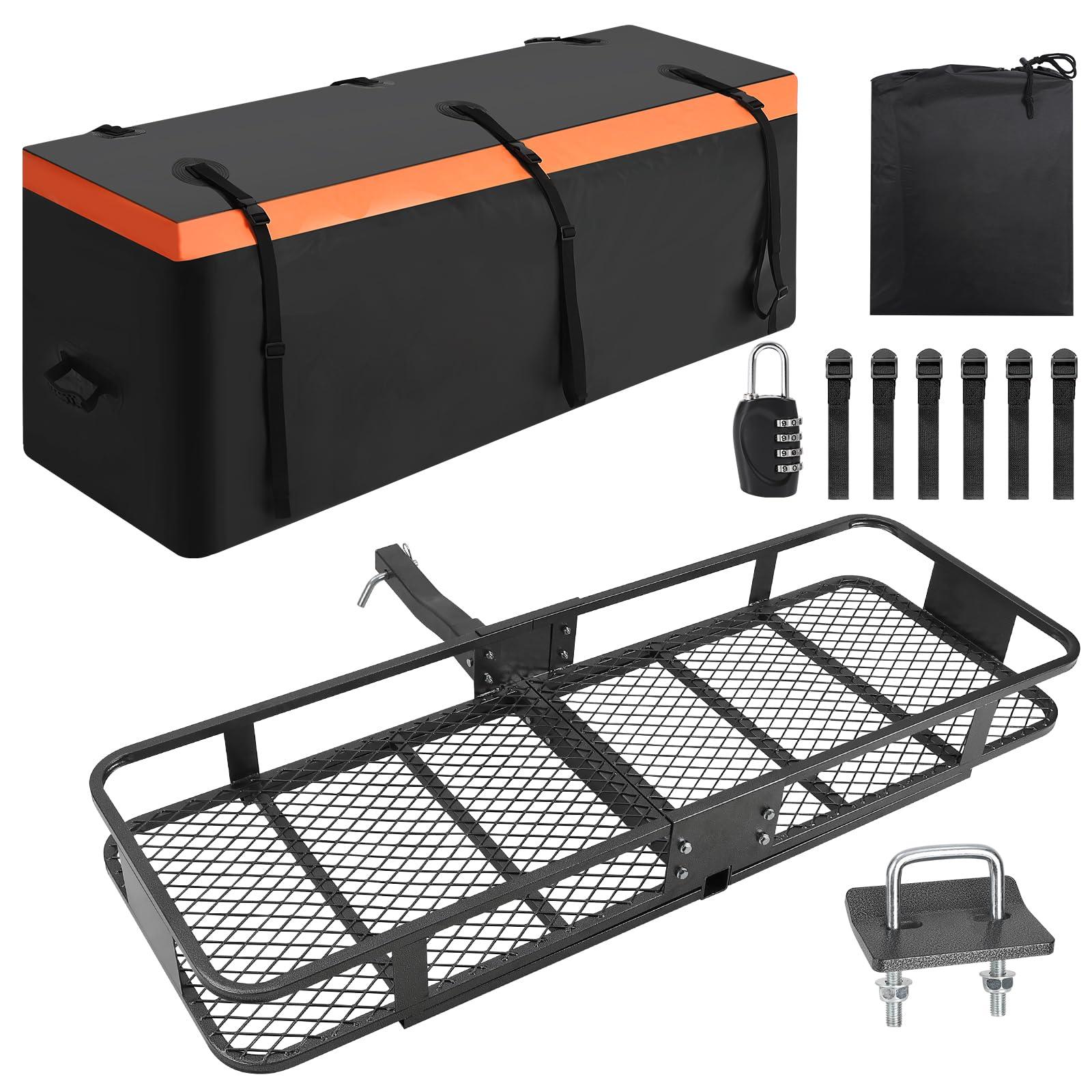 GarveeTech Hitch Mount Cargo Carrier Basket 60" x 20" x 5.9" with Waterproof Cargo Bag 15 Cubic Feet, 200 lbs Capacity, Foldable Design, Hitch Stabilizer, Net, Straps, Steel Construction - Image 4