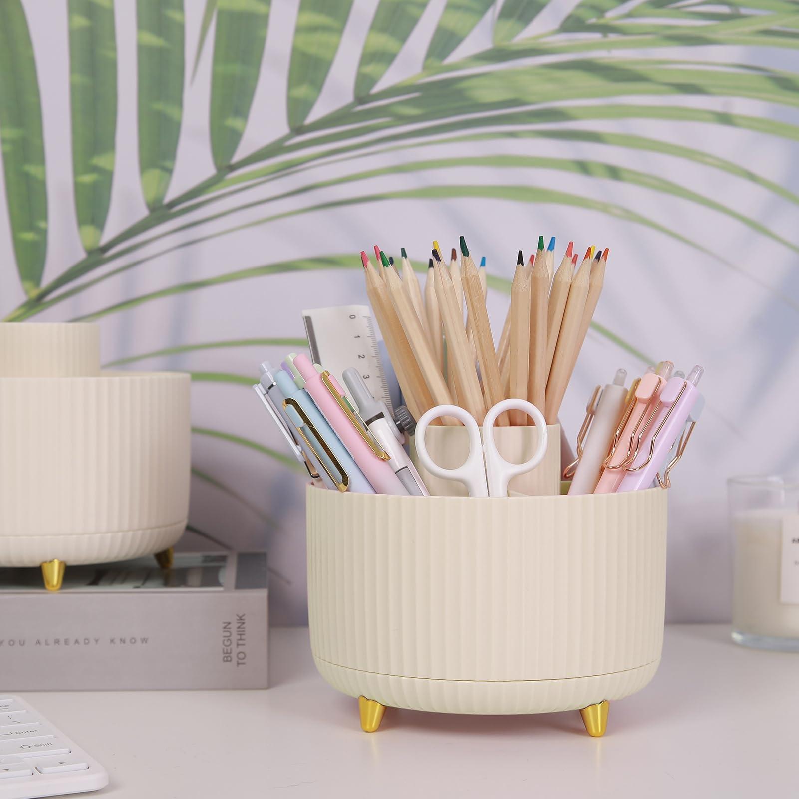 SKYDUE 360 Rotating Plastic Desk Pen Organizer with 5 Slots, Dual-Purpose Art Supply Pencil Cup for Office, School, Home - Image 2