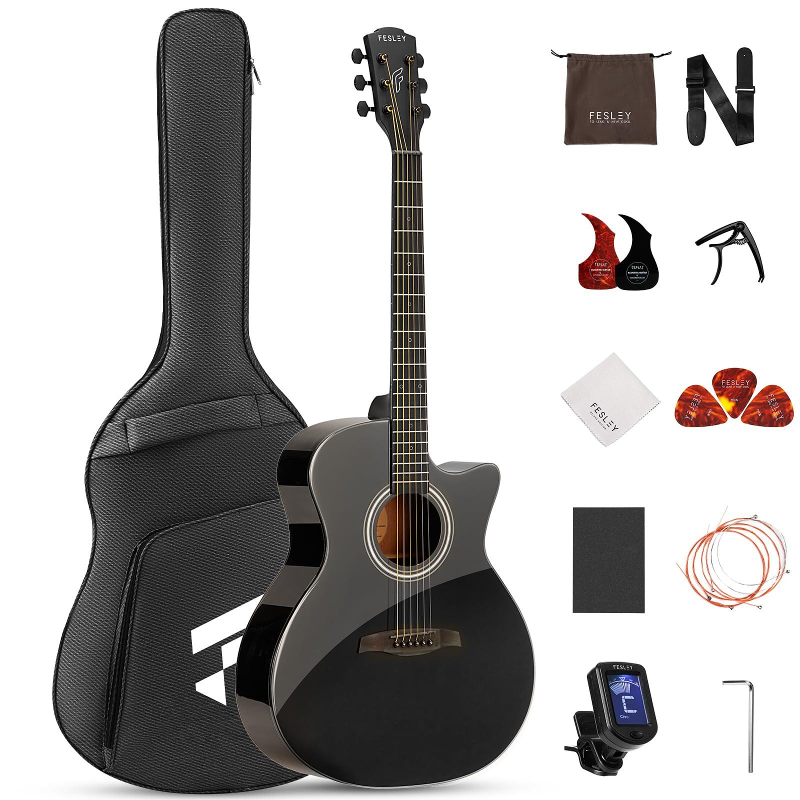 41" Acoustic Guitar Kit for Beginner: 4/4 Full Size Cutaway Acustica Guitarra Bundle for Adult Teen with Gig Bag, Tuner, Strap, Strings, Picks, Capo, FF60, Black