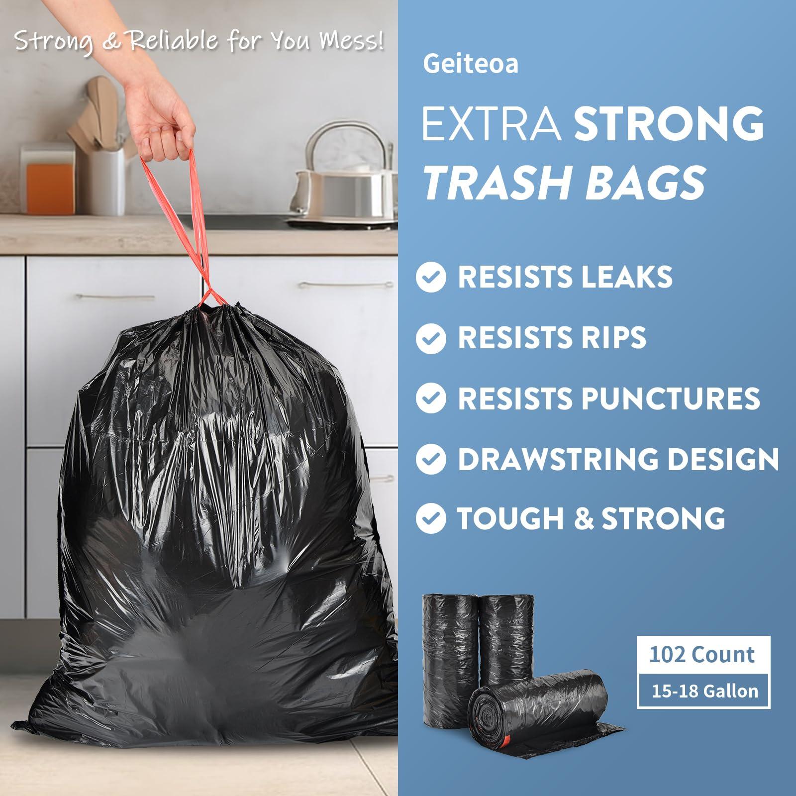 Geiteoa 15-18 Gallon Black Trash Bags with Drawstring (102 Count) Fit 16, 17 Gal High Density Large Garbage Bags, Strong Plastic Trash Can Liners for Kitchen Lawn Commercial - Image 3