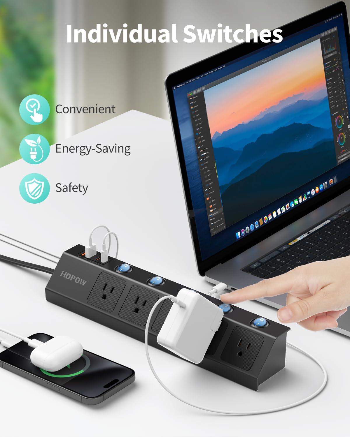 HOPOW Flat Plug Power Strip with Individual Switches, 10 Ft Ultra Thin Flat Extension Cord, 5-Outlet Surge Protector with 2 USB-C (20W PD) & 2 USB-A, 1700 Joules, Wall Mount for Home Office, Black - Image 2