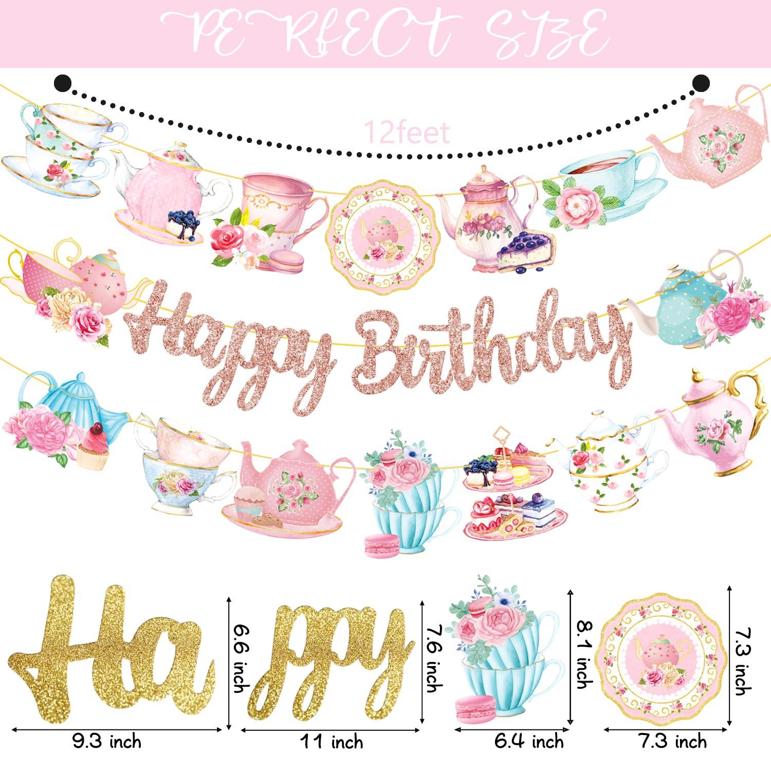 Tea Party Birthday Banner Rose Gold Tea Themed Happy Birthday Banners Floral Mother's Day Party Decoration Teapot Cutout Banner for Afternoon Tea Baby Shower Supplies - Image 4
