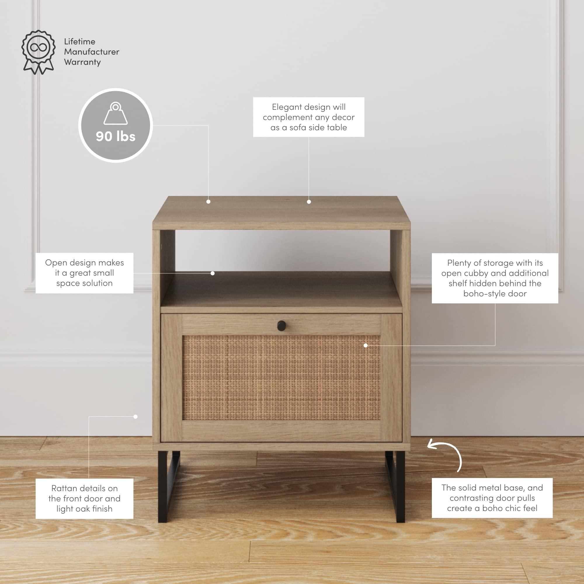 Nathan James Mina Rattan Wood End Side Accent Table Nightstand with Storage for Living Room or Bedroom, 1, Oak/Black - Image 4
