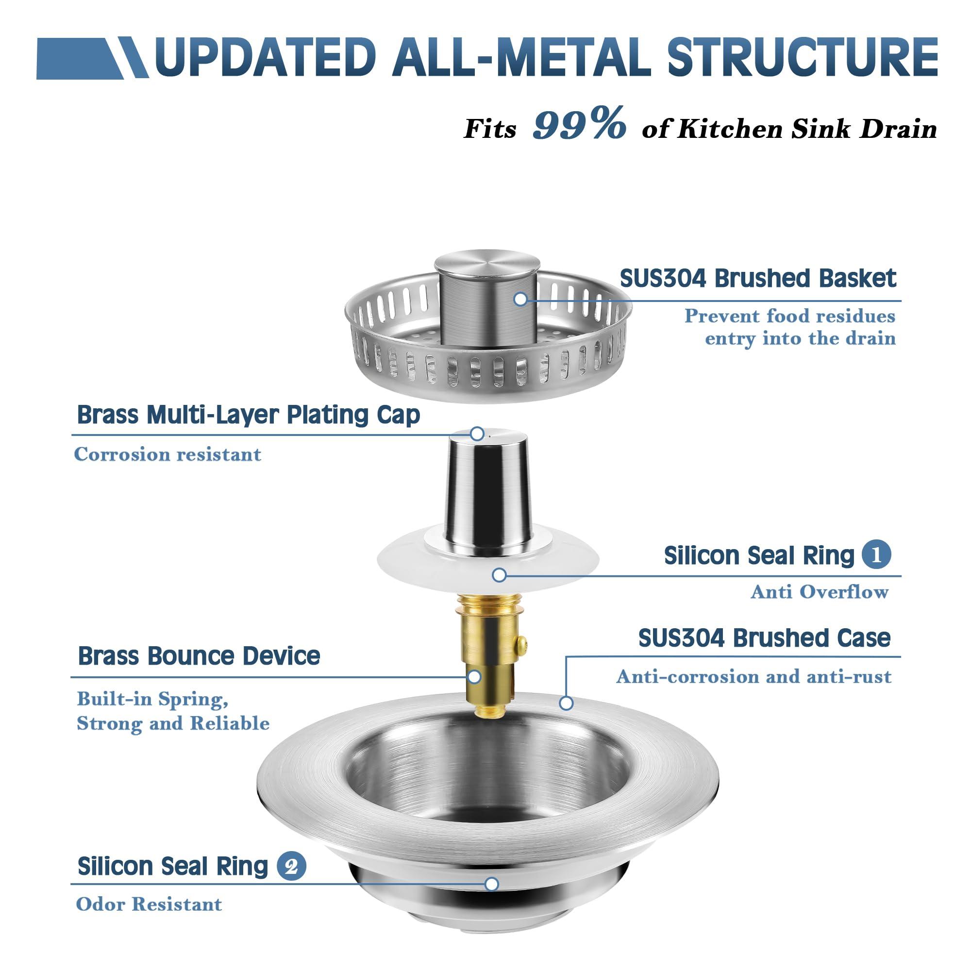 Kitchen Sink Drain Strainer 3 in 1, 304 Stainless Steel Pop Up Sink Stopper, Anti-Clogging Sink Drain Strainer for US Standard Kitchen Drain (SUS304 Brushed) - Image 4