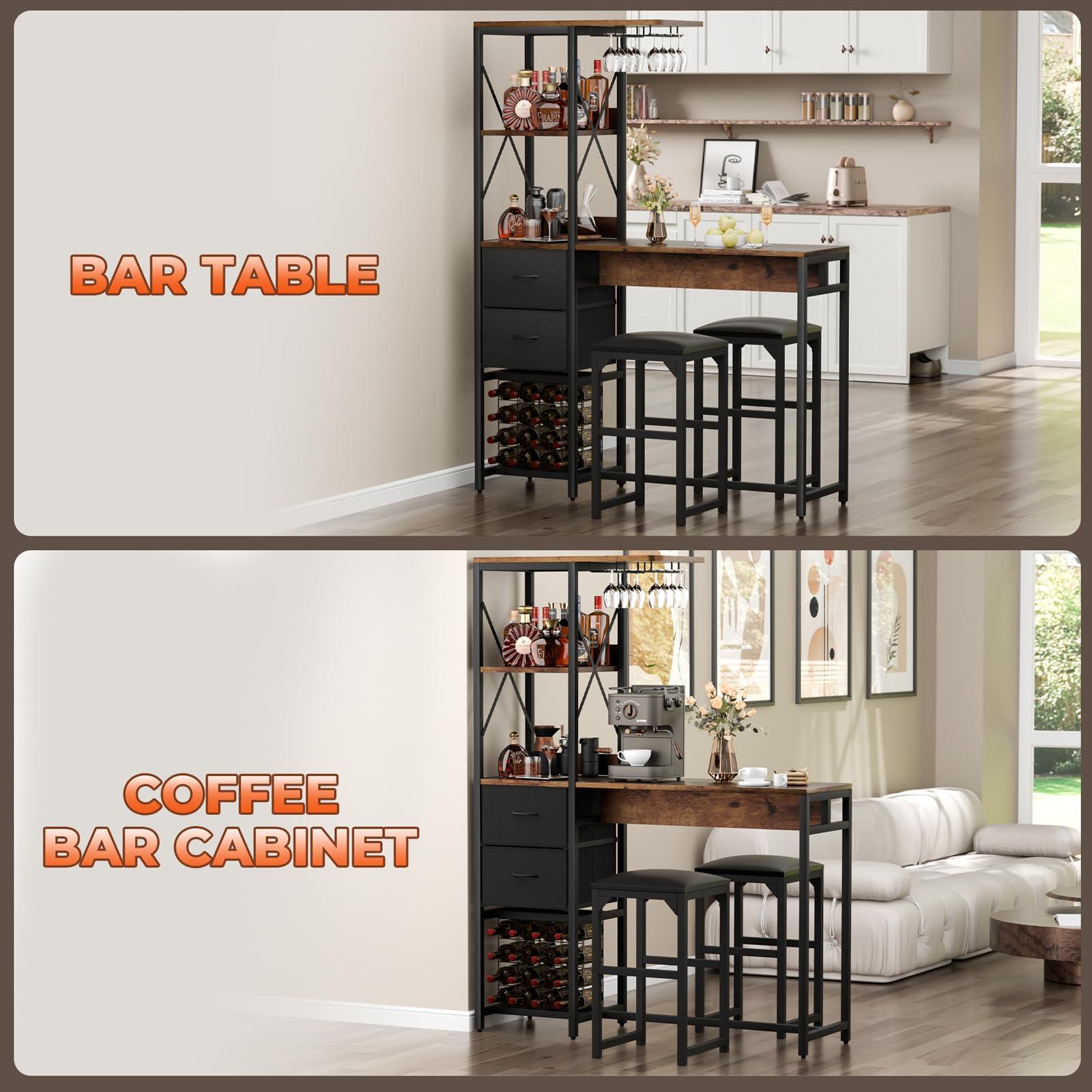 6-Tier Bar Table and Chairs Set, Metal Coffee Bar with Storage Shelves And 2 fabric Drawers, Dining Table Cup Holder & Wine Rack, Kitchen Table Set with PU Leather Cushion Stools for Small Space - Image 4