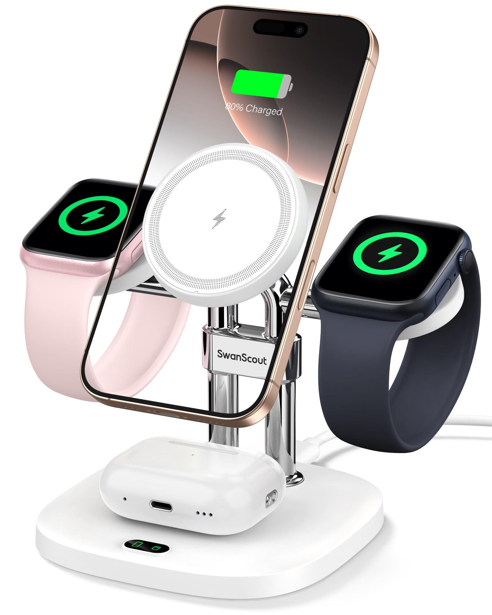 SwanScout Dual Fast Charger for Apple Watch 10/9, Magnetic Wireless Charger Stand for iPhone 16 15 14 13 12, 4 in 1 Charging Station for Apple Watch Series 10 9 8 7 6/SE/Ultra, Airpods, SwanScout 709M
