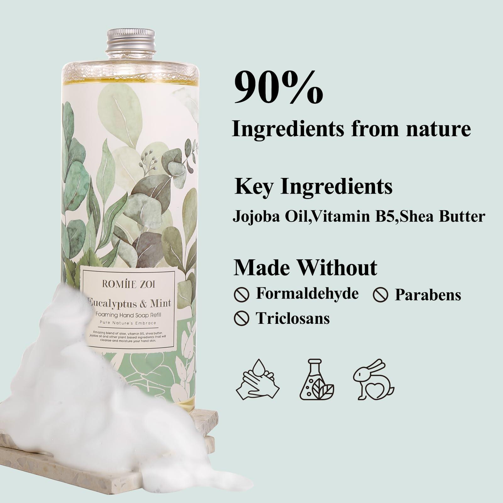 ROMIIE ZOI Eucalyptus & Mint Scented Foaming Hand Soap Refill Gift Set - 3 Pack with Dispenser, Non-Toxic and Biodegradable Formula, Moisturizing Essential Oils for Sensitive Skin (33.8 Fl Oz x 3) - Image 6