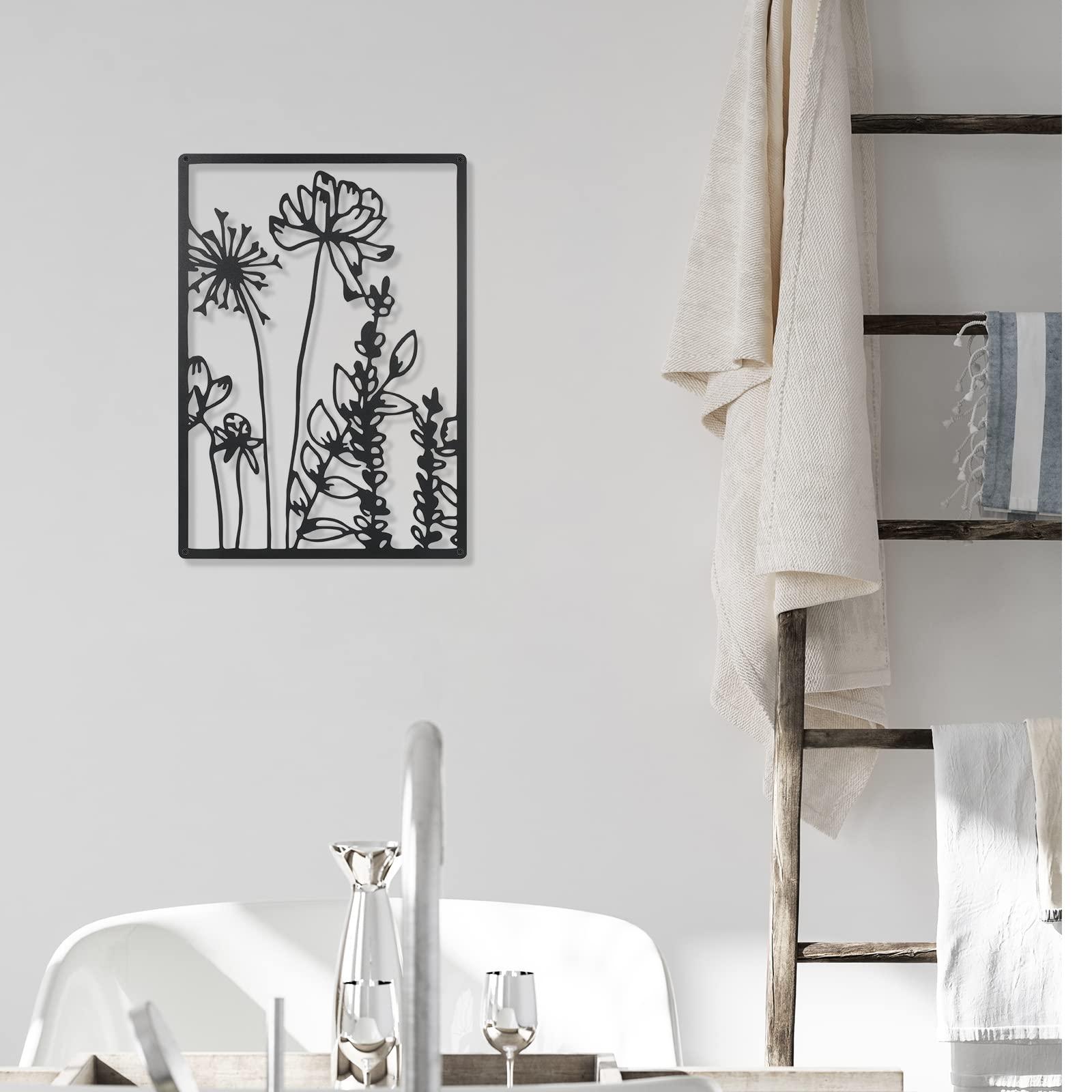 Therwen 3 Pcs Black Metal Wall Art Minimalist Wall Decor for Bedroom Flowers Decor Hanging Flower Bathroom Art Flower Line Sculpture Kitchen Decoration 16.5 x 9.8 Inch(Cute Style) - Image 4