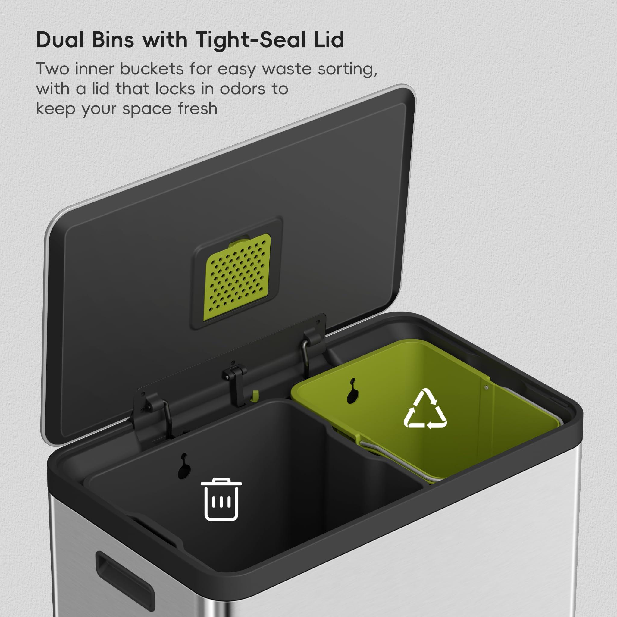 EKO EcoCasa II 36L+24L Dual Trash Can with Recycle Bin, Stainless Steel Garbage Can with Lid, Deodorizer Compartment, Odor-Proof and Fingerprint Resistant - Image 4