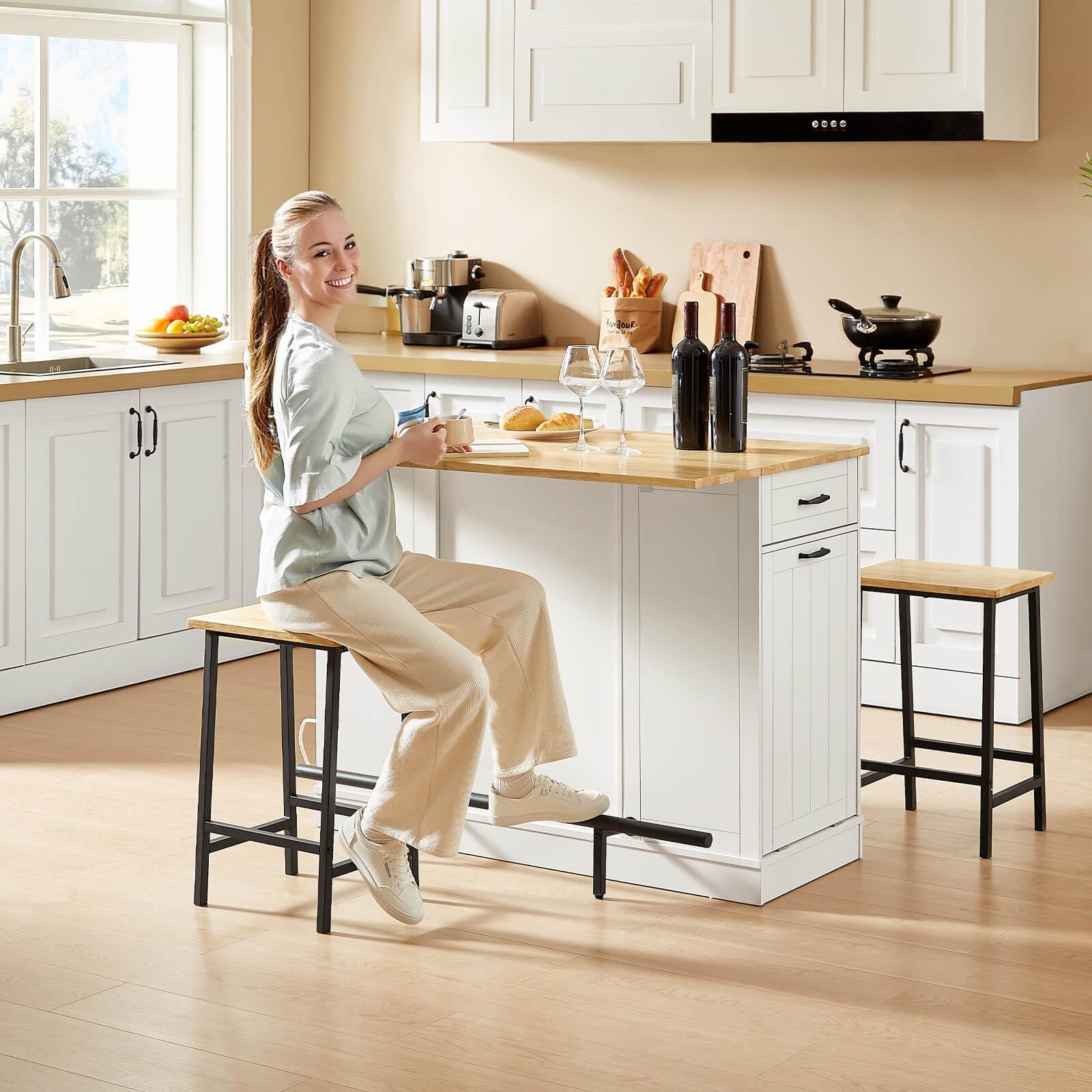 ONBRILL Stationary Kitchen Islands Include 2 Chairs, 47" Kitchen Island with Drop Leaf, Home Bar Table with Spice Rack & with Trash Cabinet, Island Table for Dining Room with Power Outlet, White - Image 3