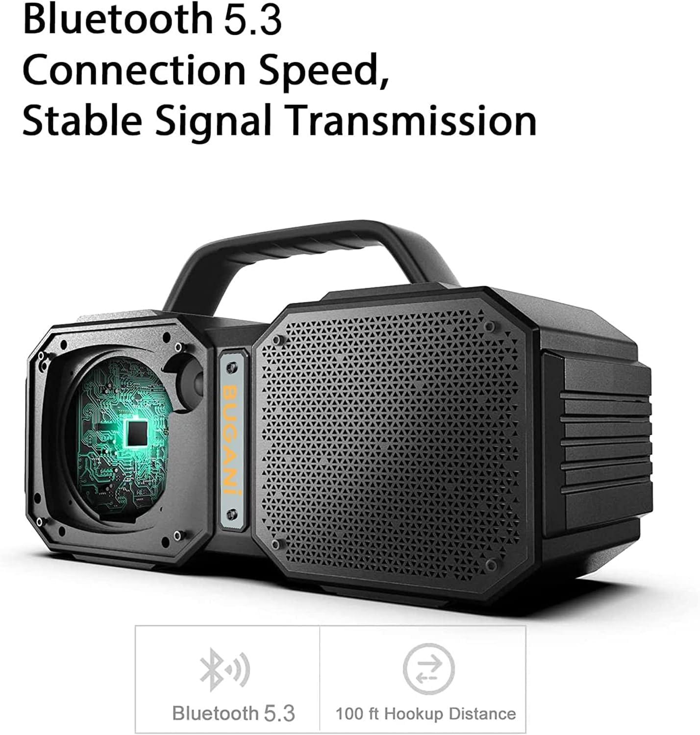 BUGANI Bluetooth Speaker, Shock Portable Bluetooth Speaker, Bluetooth 5.3, Waterproof, Wireless Speakers, 60W Super Power, Outdoor Speaker, Black (New Model) - Image 2