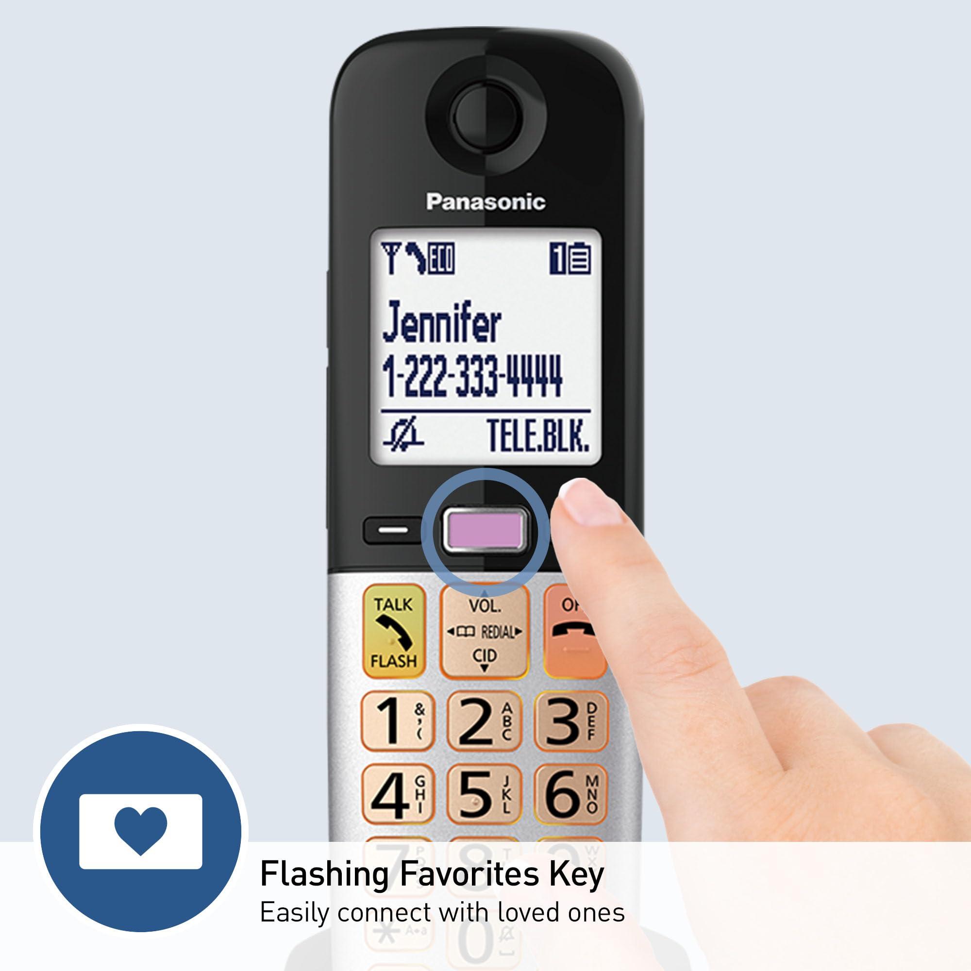 Panasonic Cordless Phone, Easy to Use with Large Display and Big Buttons, Flashing Favorites Key, Built in Flashlight, Call Block, Volume Boost, Talking Caller ID, 2 Cordless Handsets - KX-TGU433B - Image 3